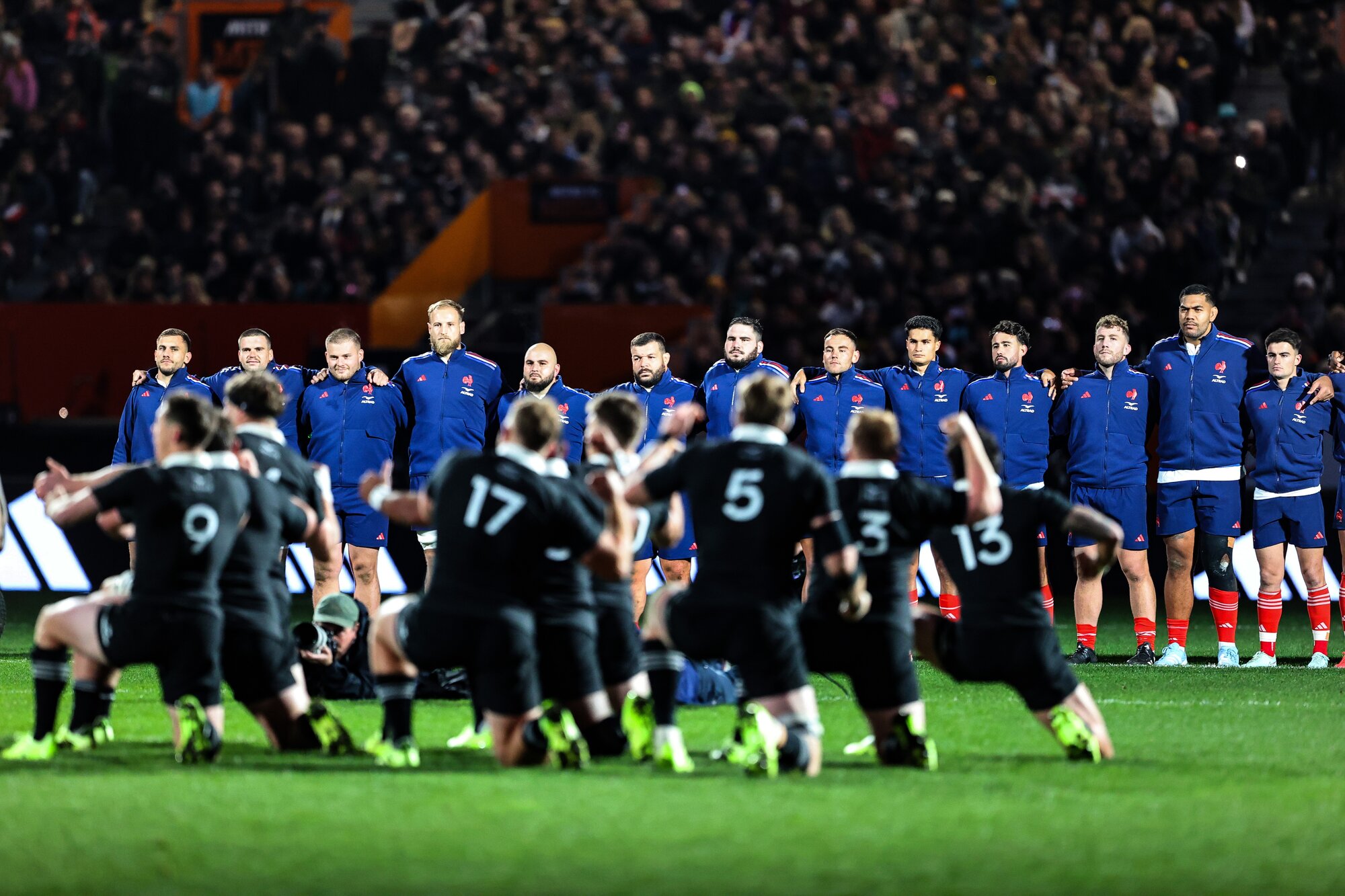 France faces the All Blacks haka inside Forsyth Barr Stadium, Dunedin. Photo / Photosport