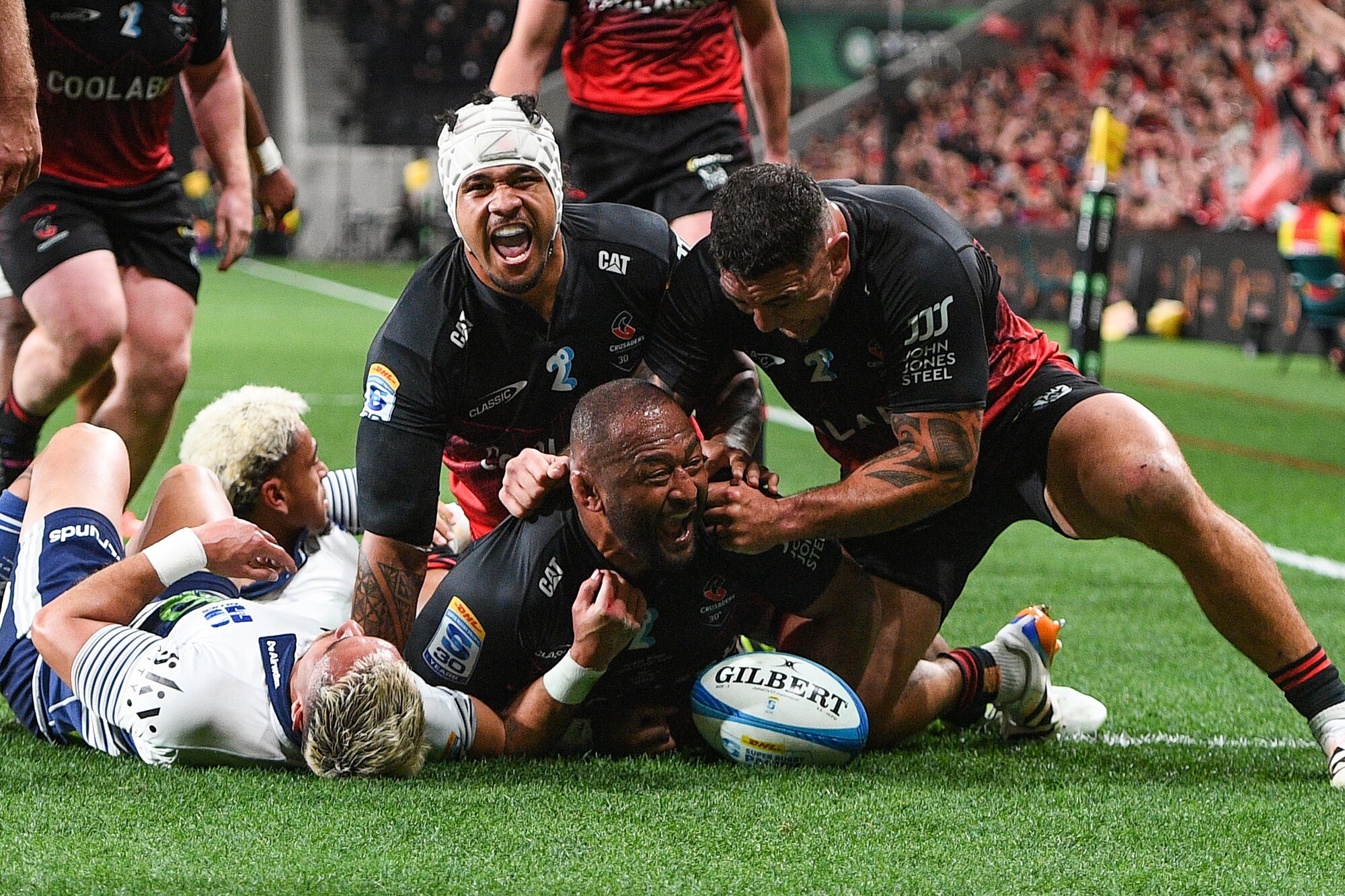 Leicester Fainga'anuku set up George Bower's try as the Crusaders humbled the Blues in Christchurch. Photo / Photosport 