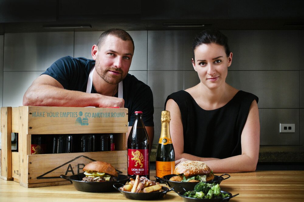 Mimi Gilmour with chef Adrian Chilton before the 2014 opening of the first Burger Burger in Ponsonby, Auckland.