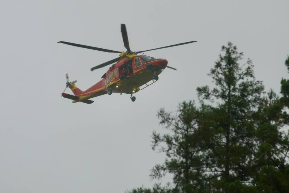 The Auckland Westpac Rescue Helicopter above Wairere Scene Reserve, Warkworth, during the search for a man who was washed away at a river crossing on nearby Falls Rd on Wednesday morning. Photo / Jason Dorday