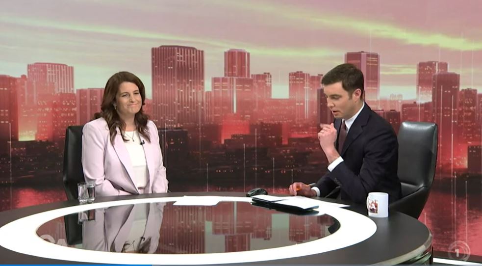 Finance Minister Nicola Willis and Jack Tame engaged in a lively discussion about her Budget on TVNZ's Q&A programme on Sunday. Photo / TVNZ