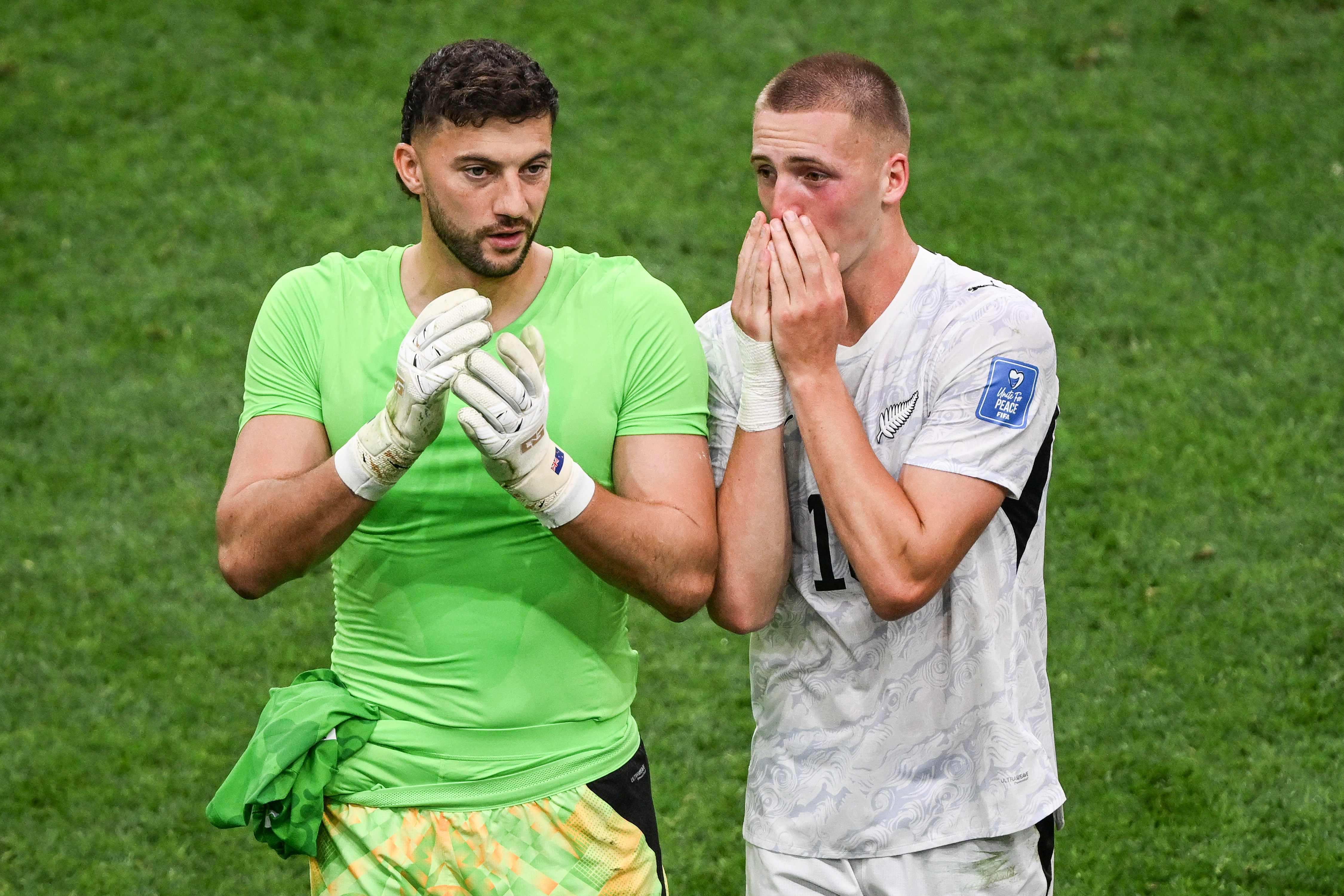 All Whites goalkeeper Max Crocombe and defender Finn Surman after the 3-1 loss to Egypt. Photo / Photosport