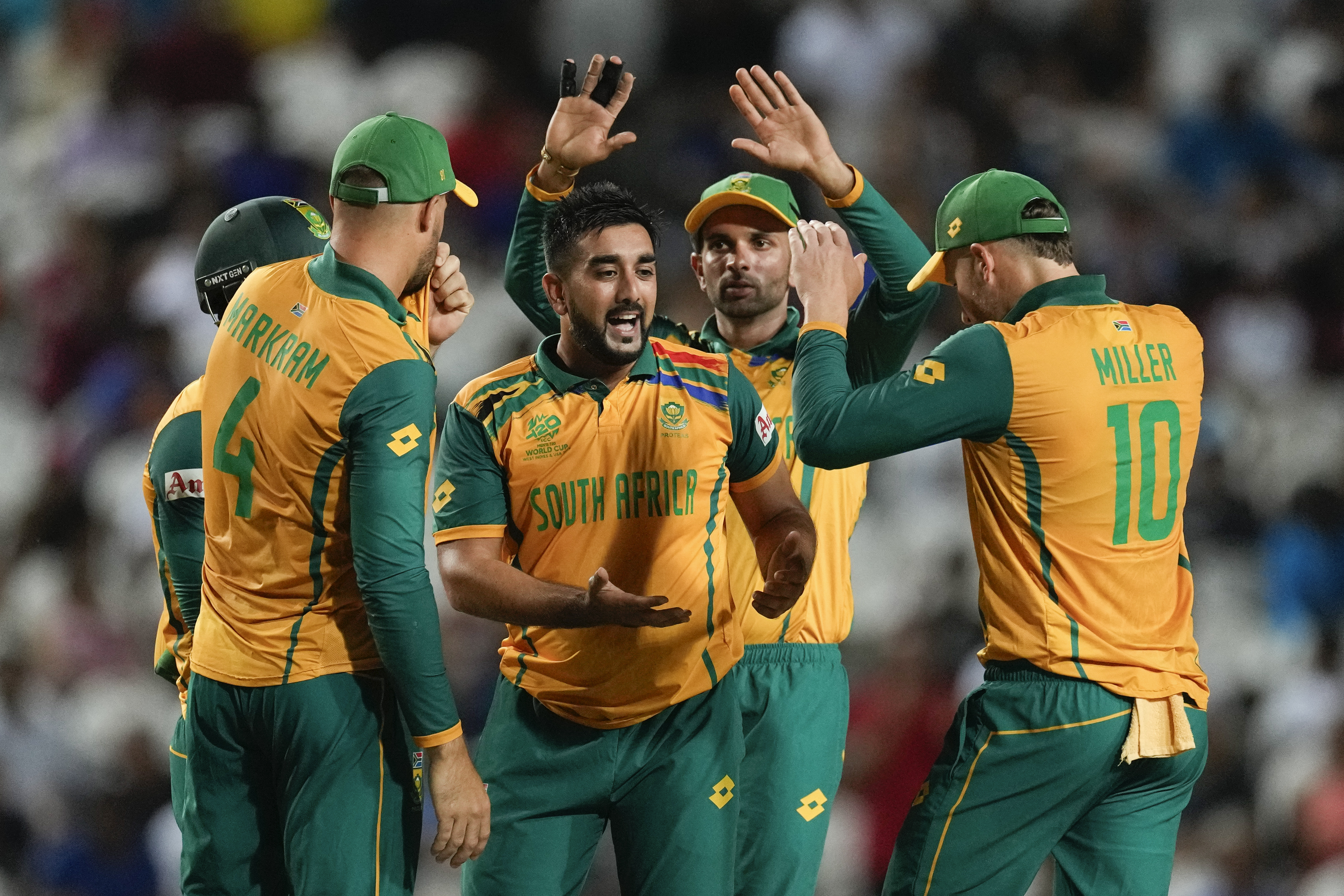 South Africa celebrate a Tabraiz Shamsi wicket. Photo / AP