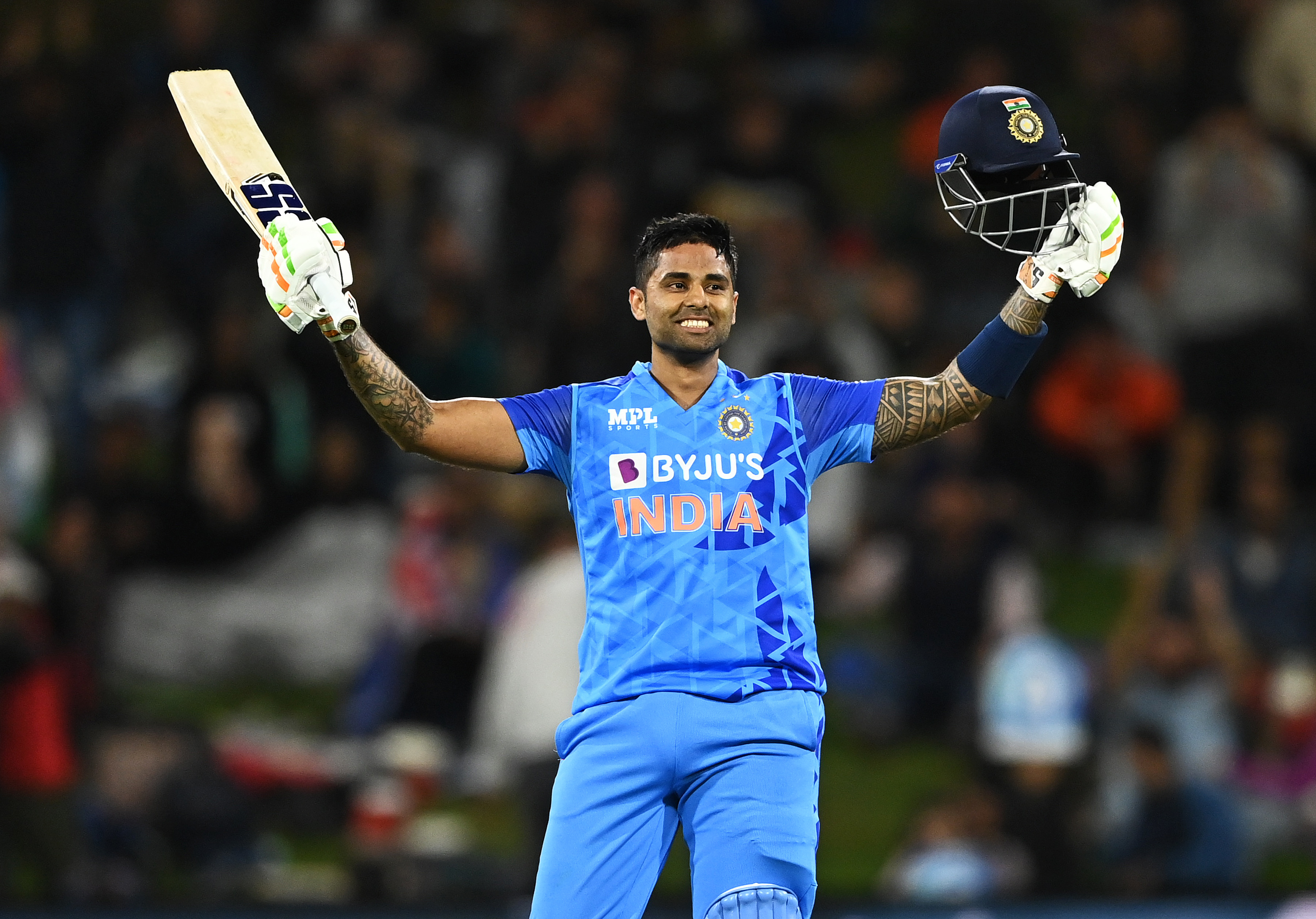 India's Suryakumar Yadav celebrates his century. Photo / photosport.nz