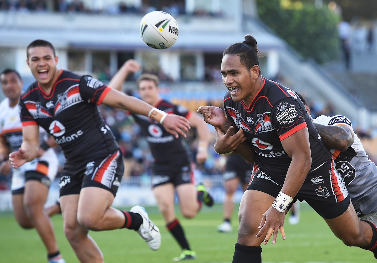 Solomone Kata drops the ball on the try line in a 2016 game against the Wests Tigers. Photo / Photosport