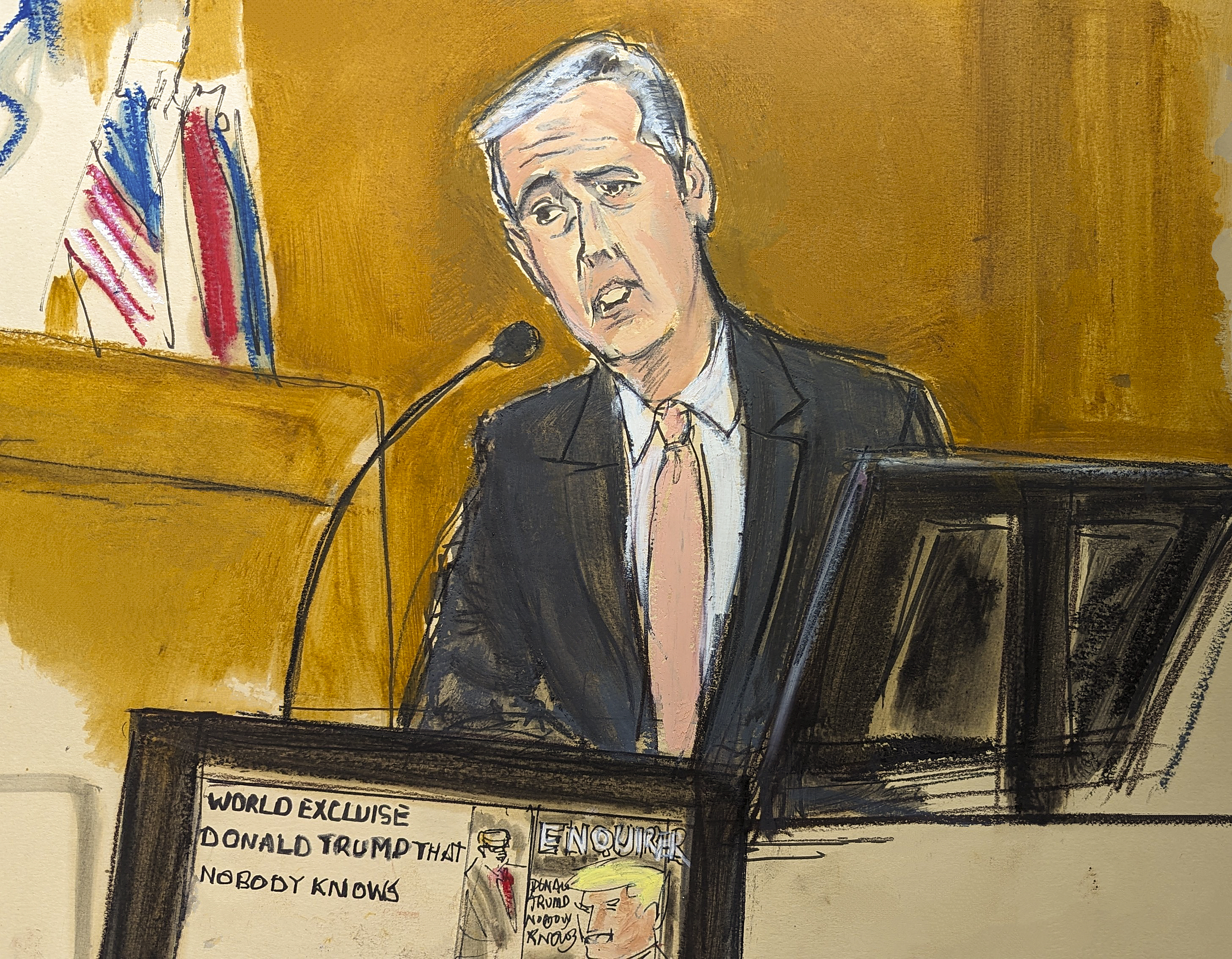 Michael Cohen testifies on the witness stand with a National Enquirer cover story about Donald Trump displayed on a screen in Manhattan criminal court. Photo / AP