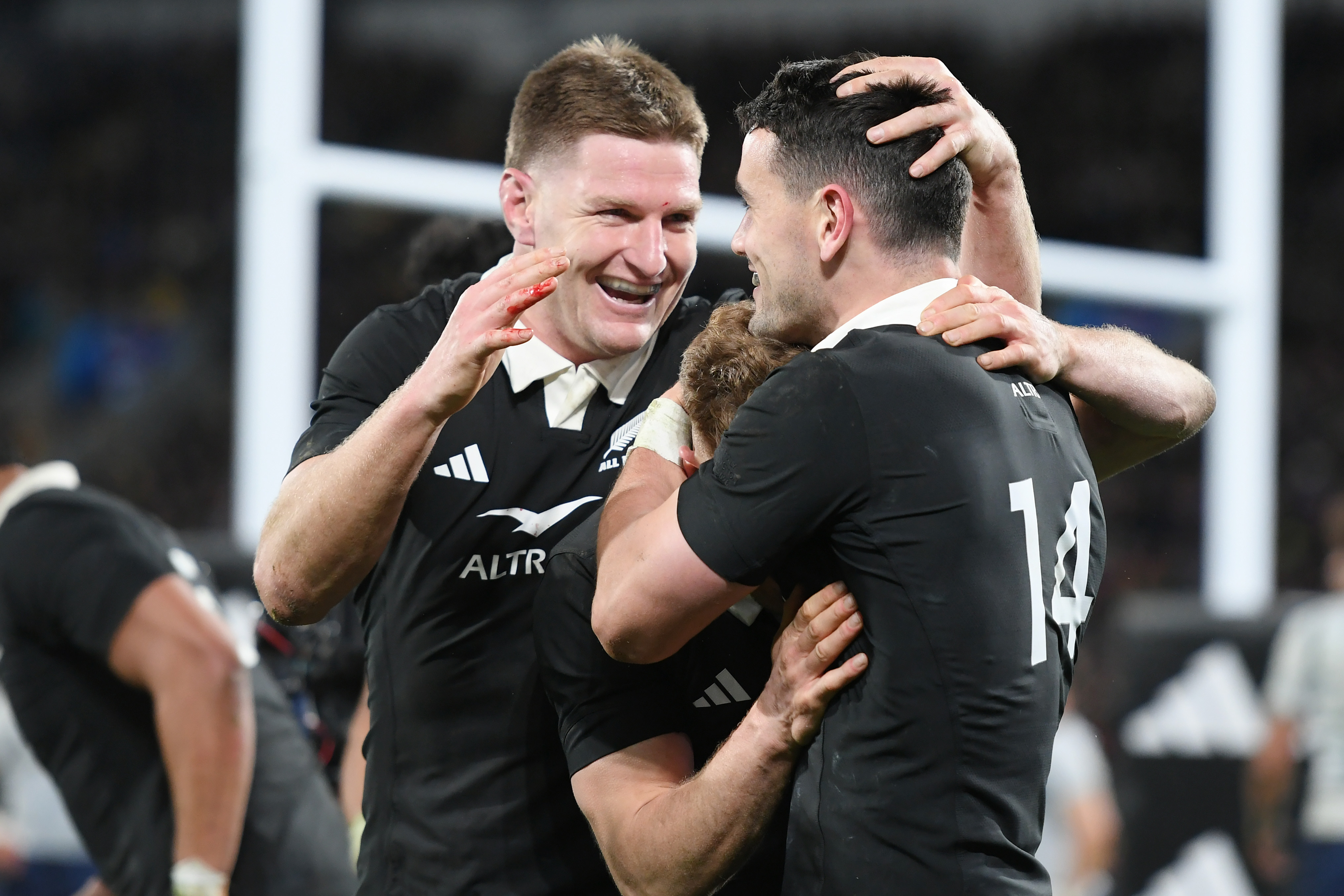 Jordie Barrett and Will Jordan celebrate a try at Hnry Stadium, Wellington. Photo / Photosport