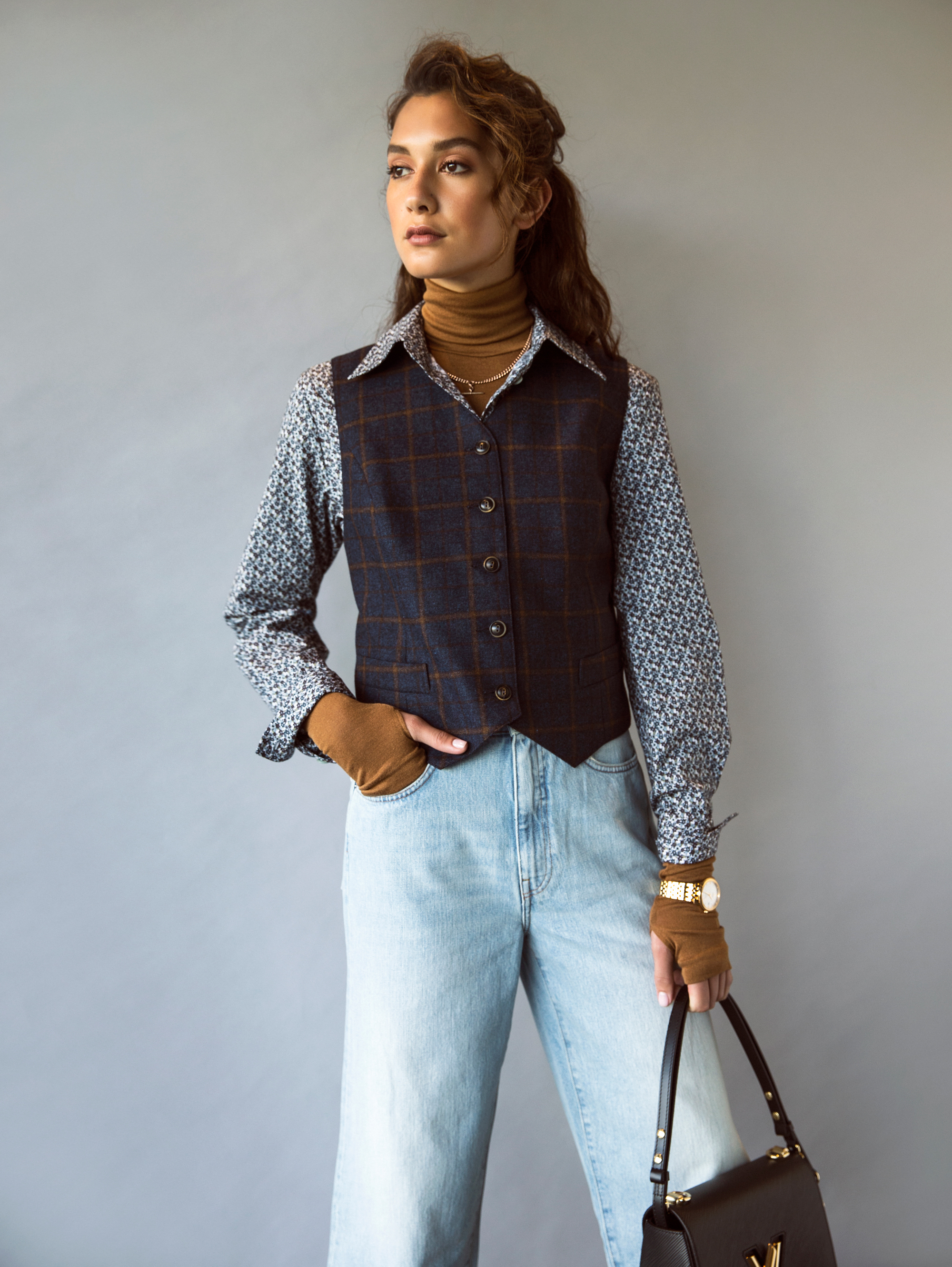 Manahou Mackay wears a Liz Mitchell wool vest, Viva 2020. Photo / Guy Coombes