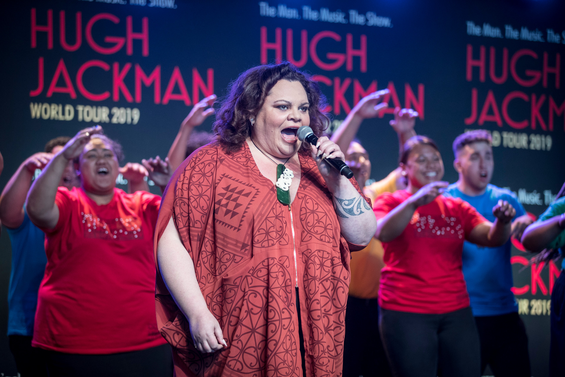 Keala Settle performs with AUT South Campus choir announcing the New Zealand leg of Hugh Jackman's world tour. Photo / Michael Craig