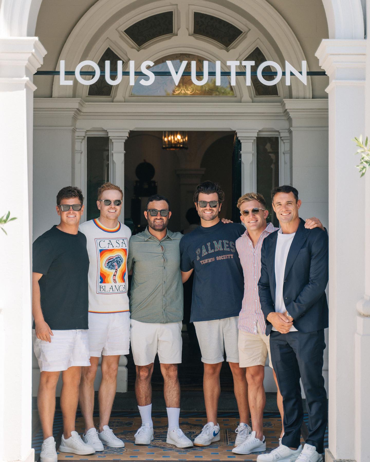 From left, Harrison Reid, Nick Mowbray, Chris Steele, Tim McGoldrick, Damian McKenzie and Dan Carter at the Louis Vuitton party in Melbourne. Photo / Instagram, @Dancarter_