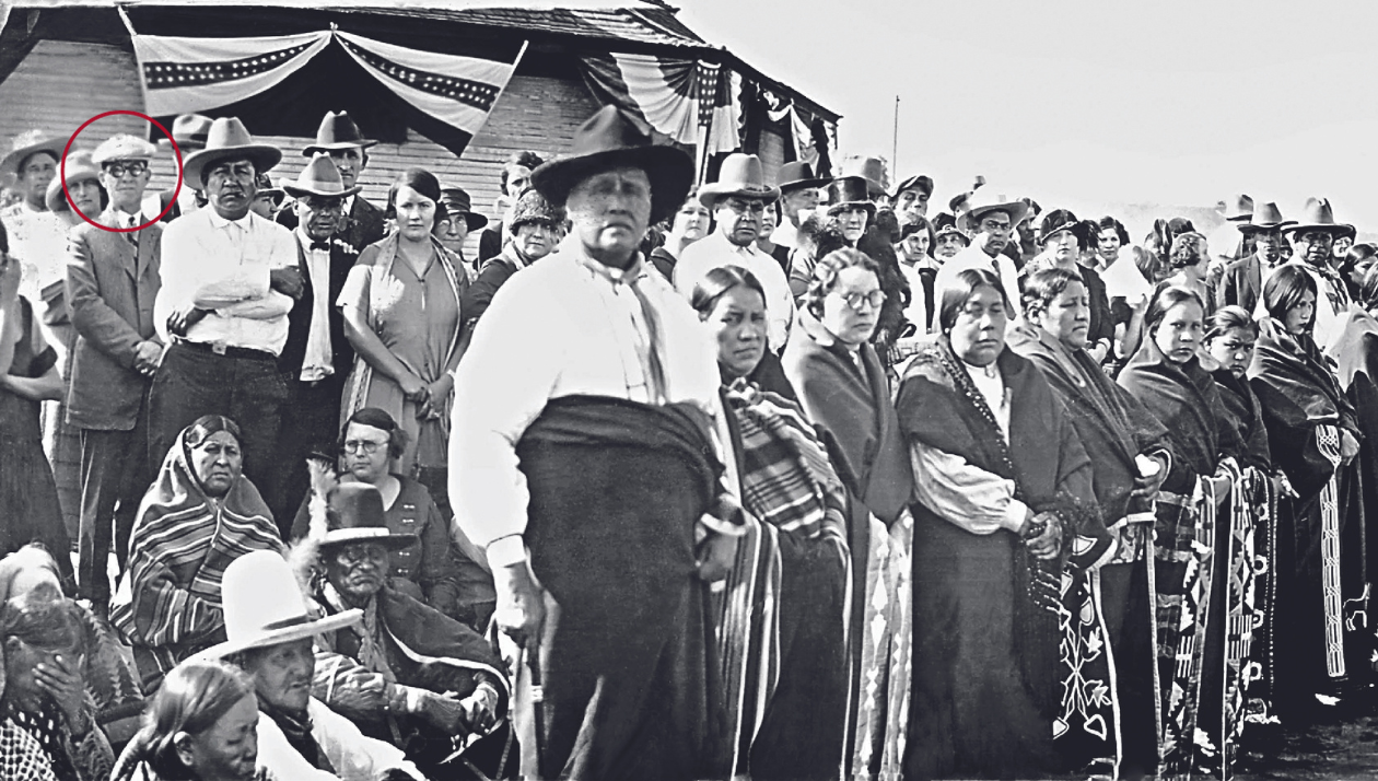 A crop of the panoramic photograph featuring William “the devil” Hale (circled) with members of the Osage Nation in the midst of the killings. Photo / Osage Nation Museum
