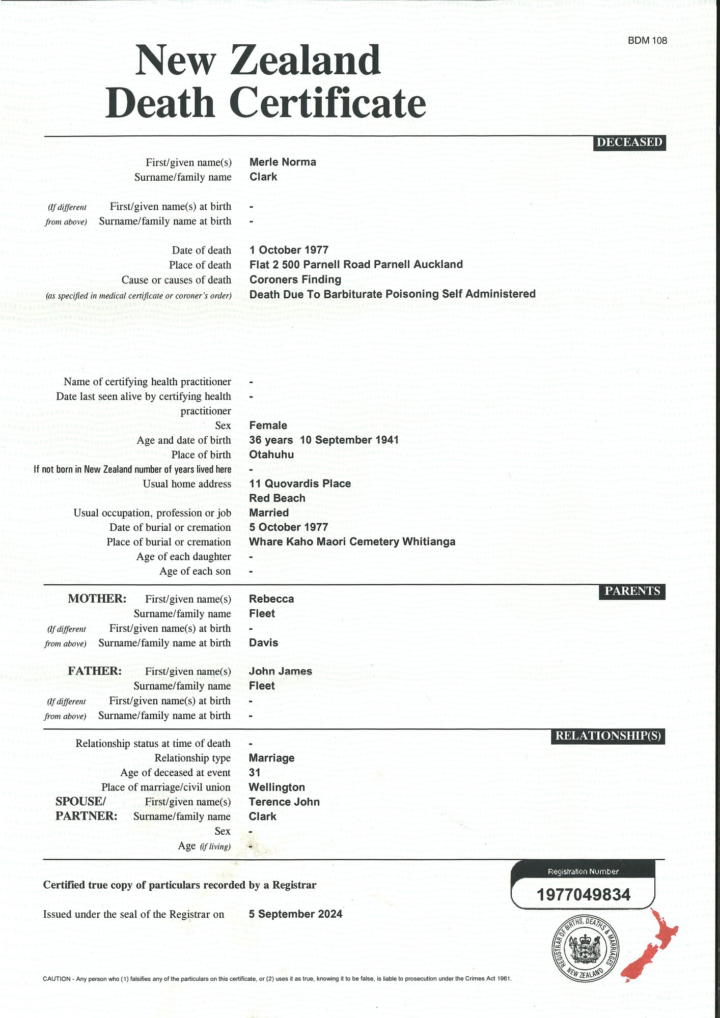 The death certificate of Norma Fleet, wife of Mr Asia boss Terry Clark.