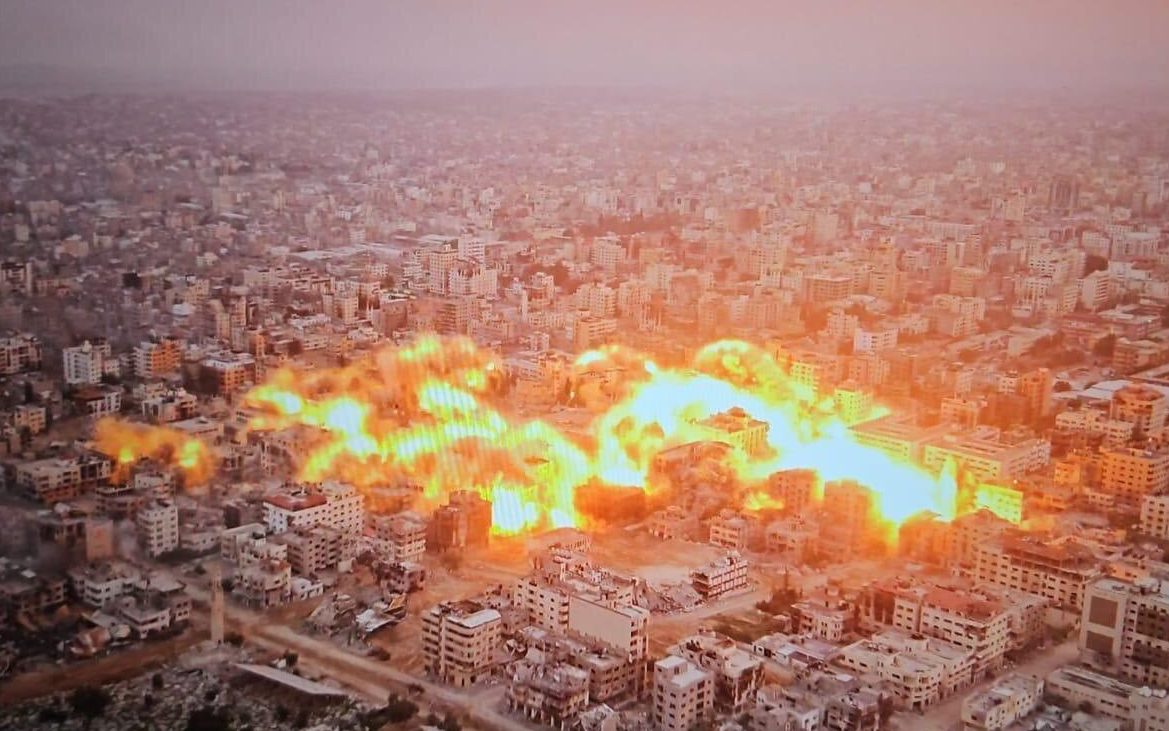 Aerial footage shows massive explosions ripping through Palestine Square, which the IDF described as a centre of power for Hamas’ military and political wing. Photo / Anadolu/IDF