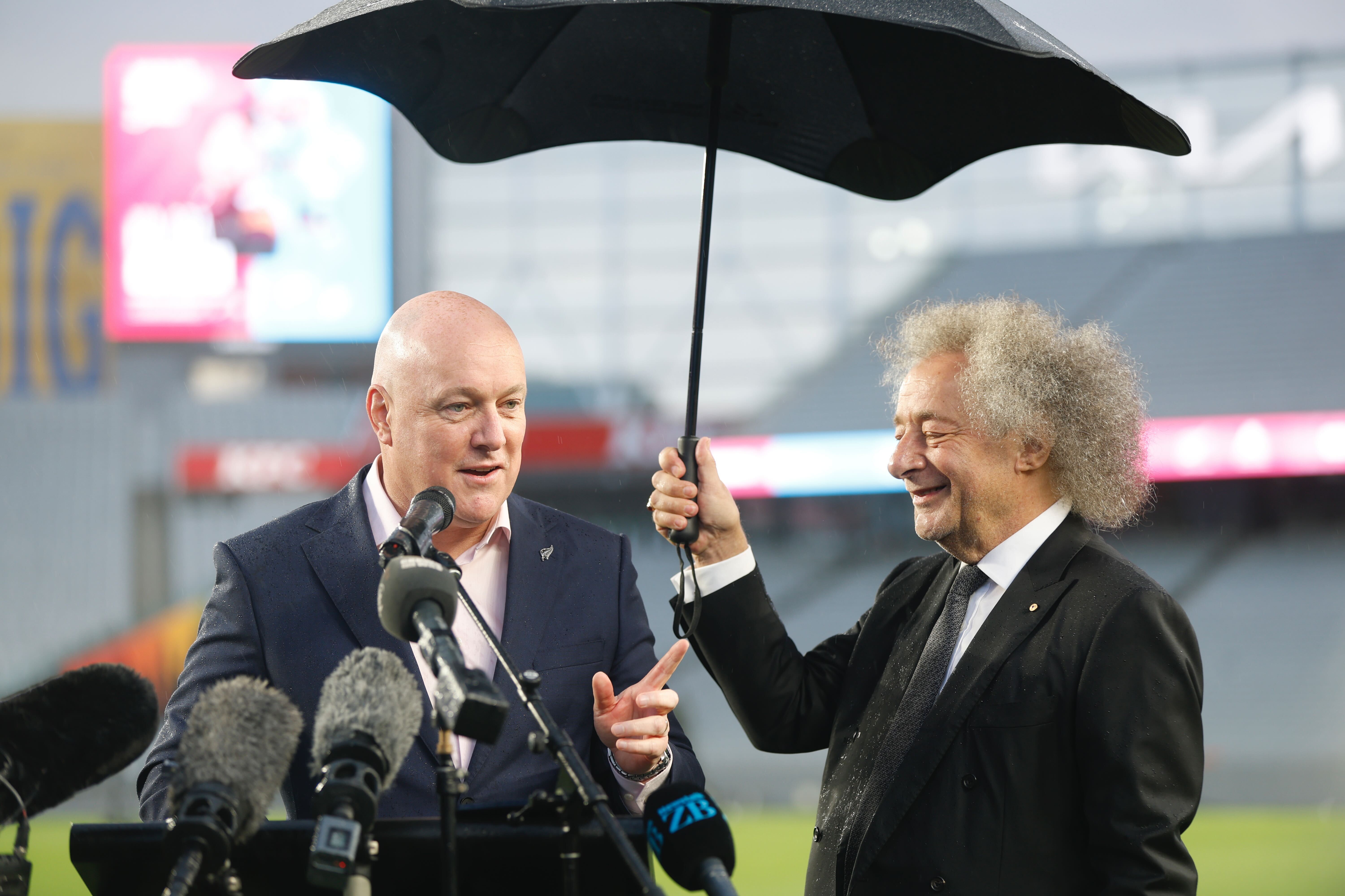 Prime Minister Christopher Luxon, Auckland Mayor Wayne Brown and others confirmed the details of the State of Origin fixture in a press conference at Eden Park at 7am today. Photo / Michael Craig