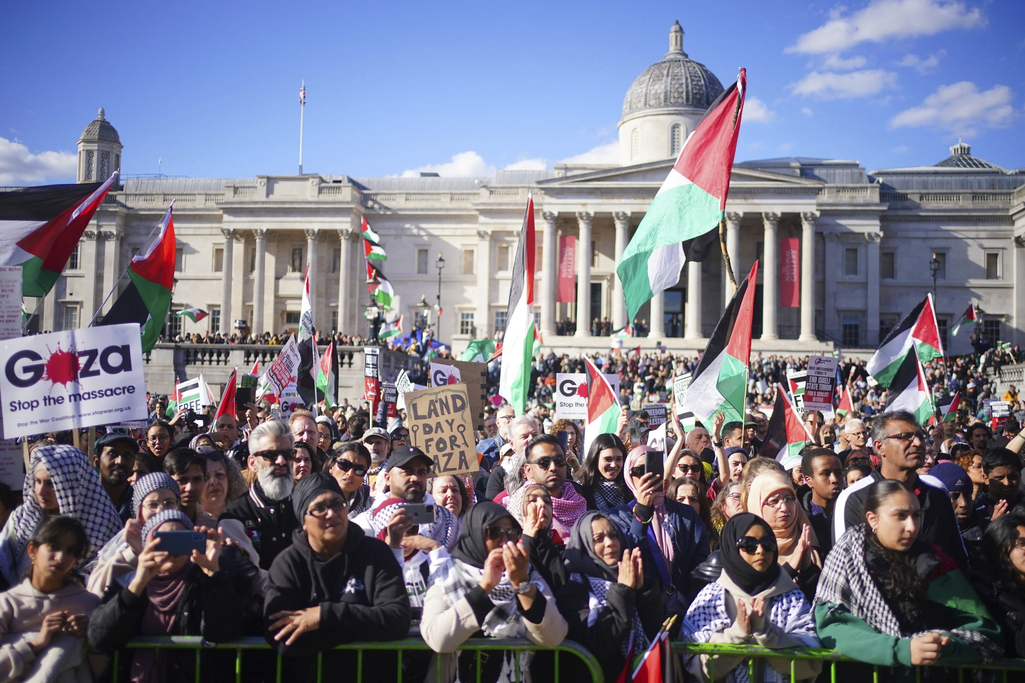 People take part in 'Stop the Genocide in Gaza' national demonstration in Trafalgar Square, central London. Photo / PA via AP