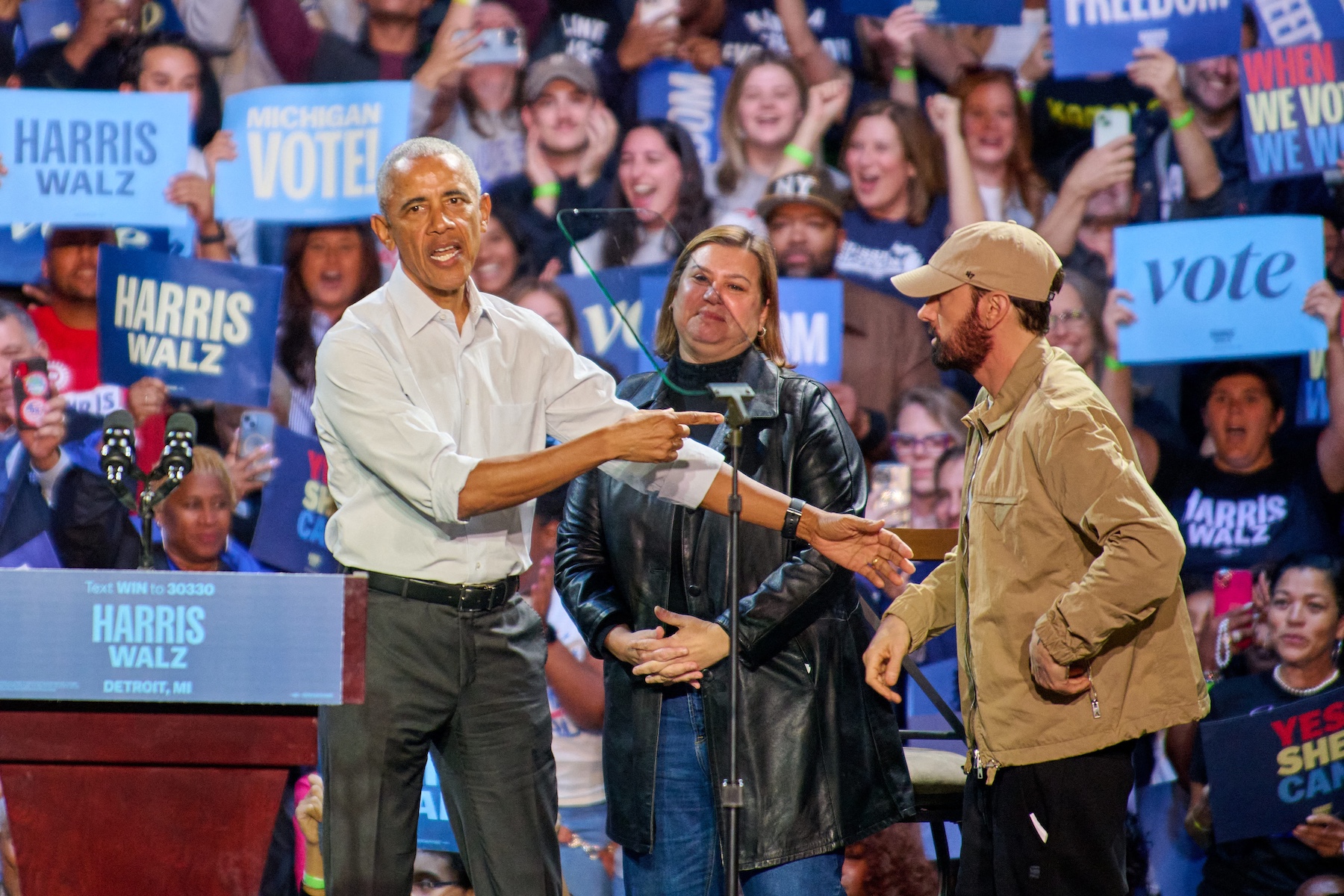 Rapper Eminem introduces former president Barack Obama during a rally to Harris supporters in Detroit on Tuesday. Photo / AFP