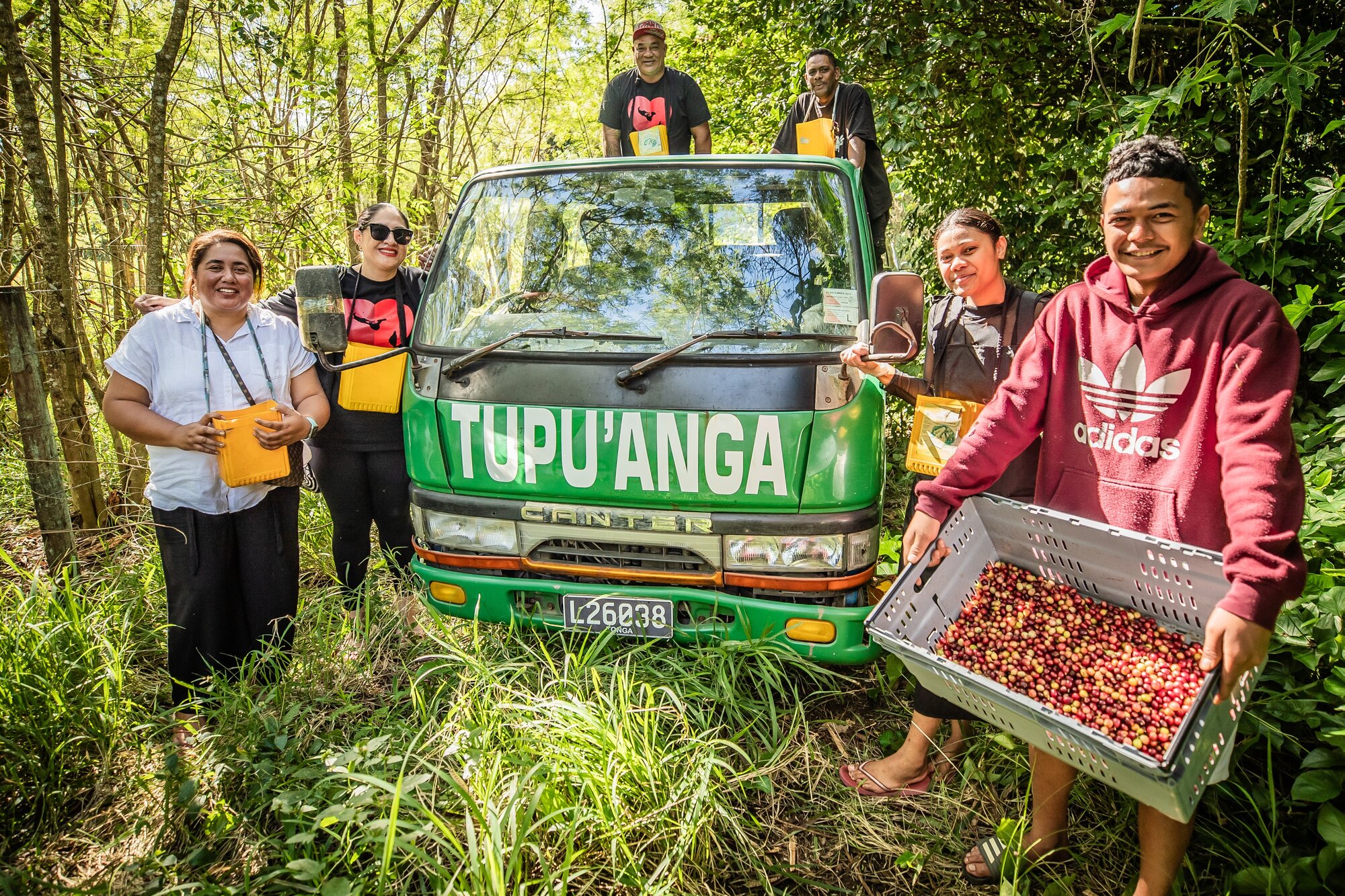  At Tupu’anga Coffee, a bright exterior mural features coffee cherries, like the ones the owners grow in Tonga.