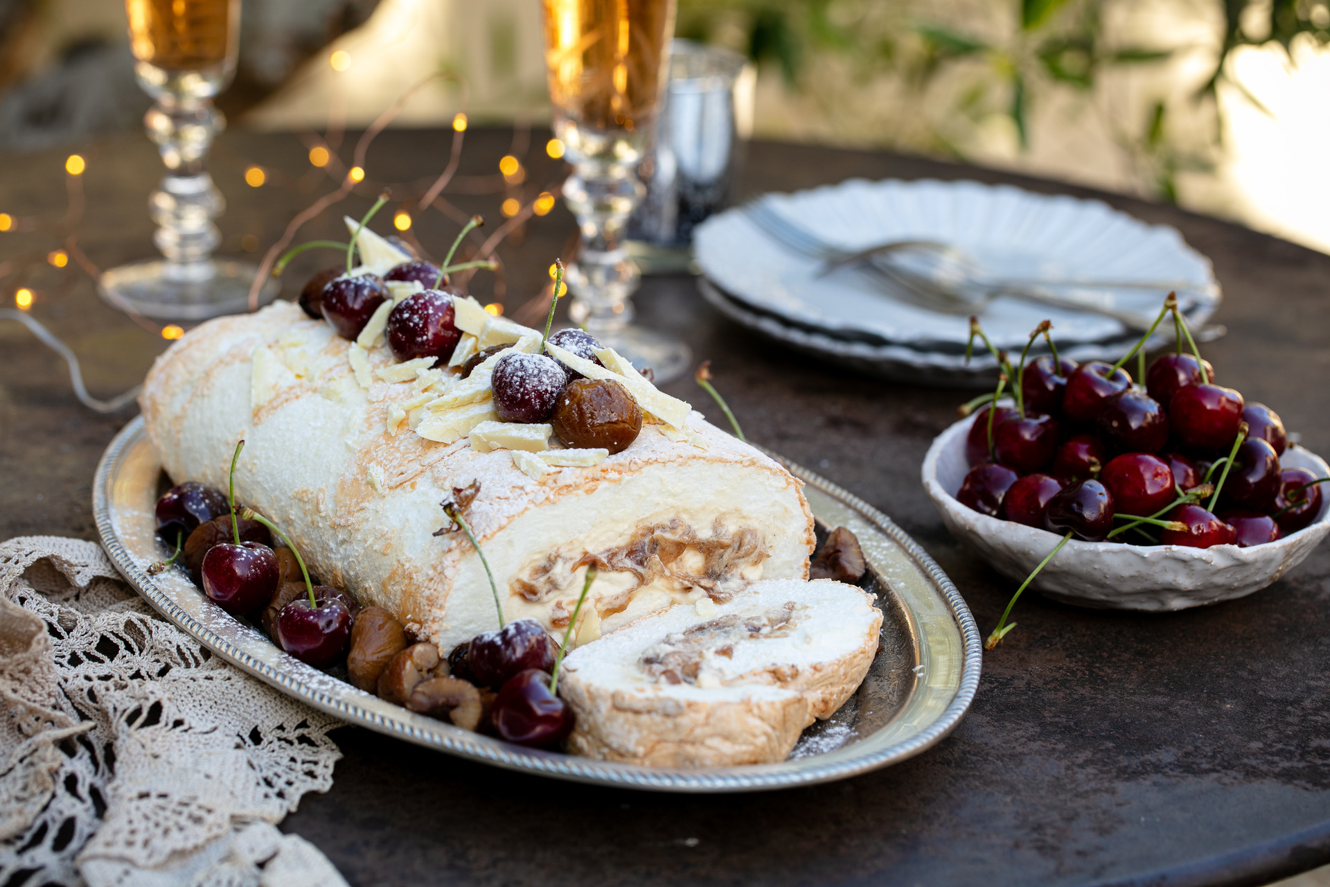 Chestnut and cherry rolled pavlova. Photo / Babiche Martens