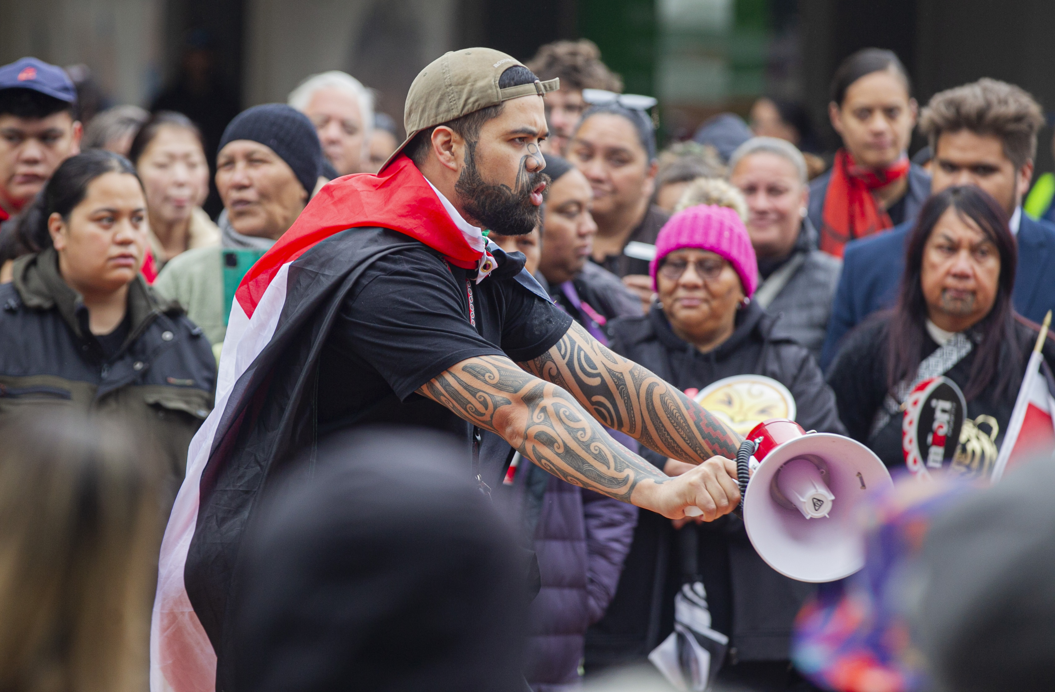 Te Ōtane Huata leads the protest at the Hastings clocktower on Tuesday. Photo / Warren Buckland
