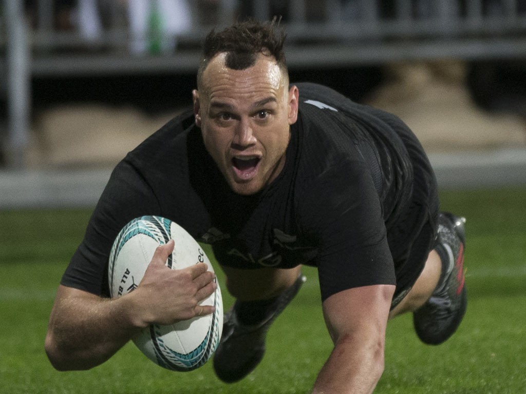 All Blacks winger Israel Dagg scores against South Africa during the Rugby Championship test match between New Zealand and South Africa. Photo / Brett Phibbs.