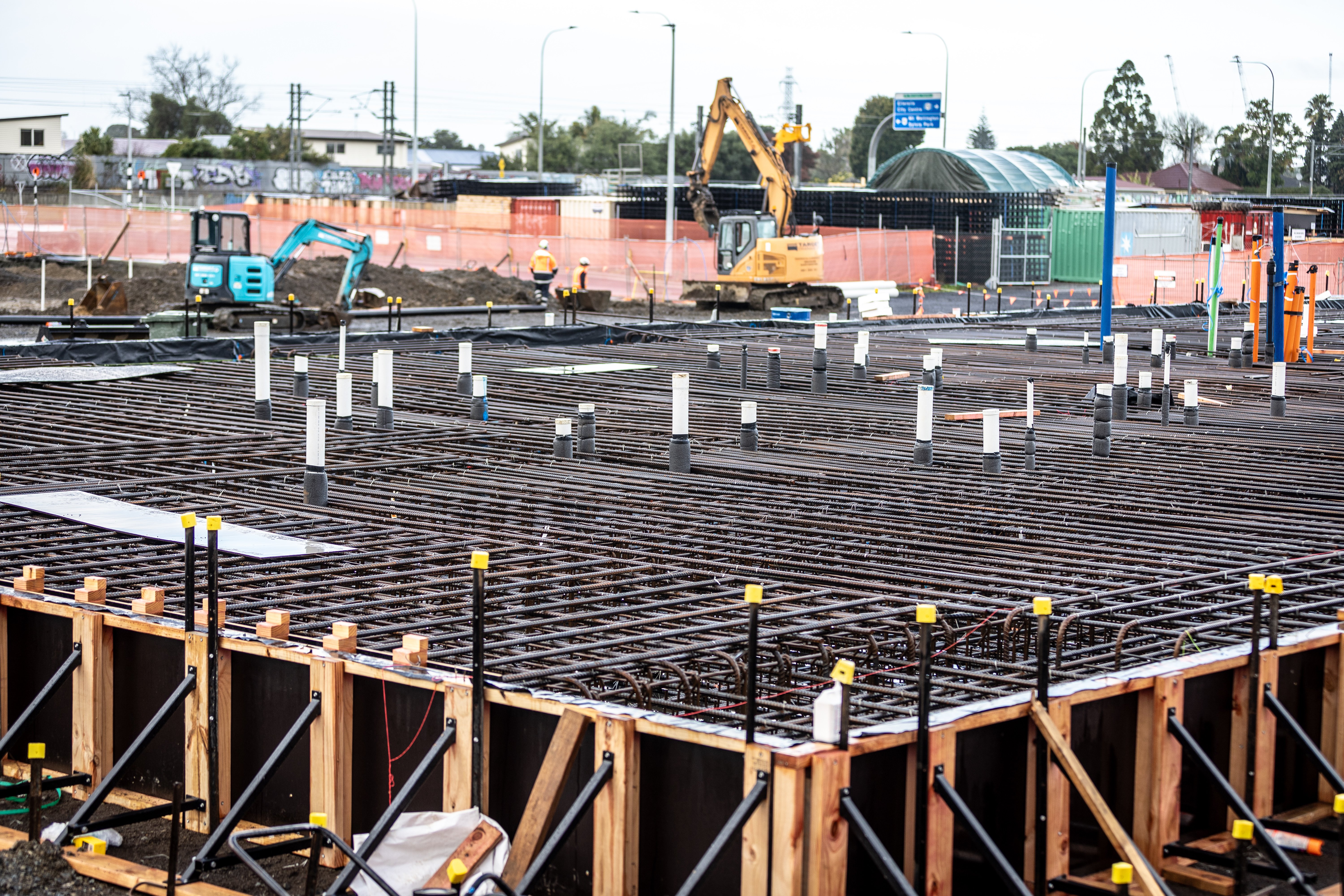 Formwork and steel in place for the floor slab of the first apartment block at Reiputa, 80 Mt Wellington Highway. Photo / Michael Craig
