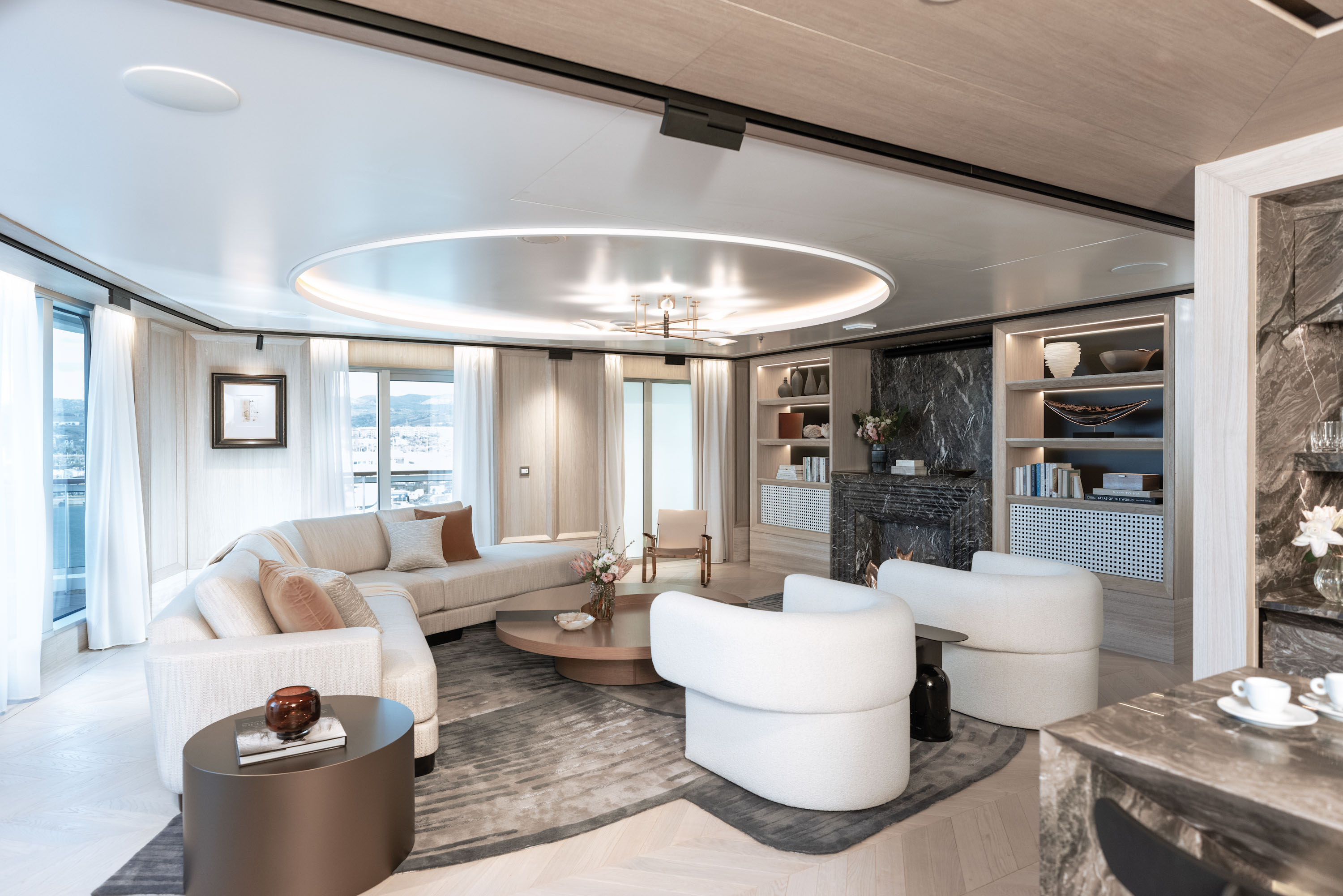 The living room in the master suite of Regent Seven Seas Grandeur.