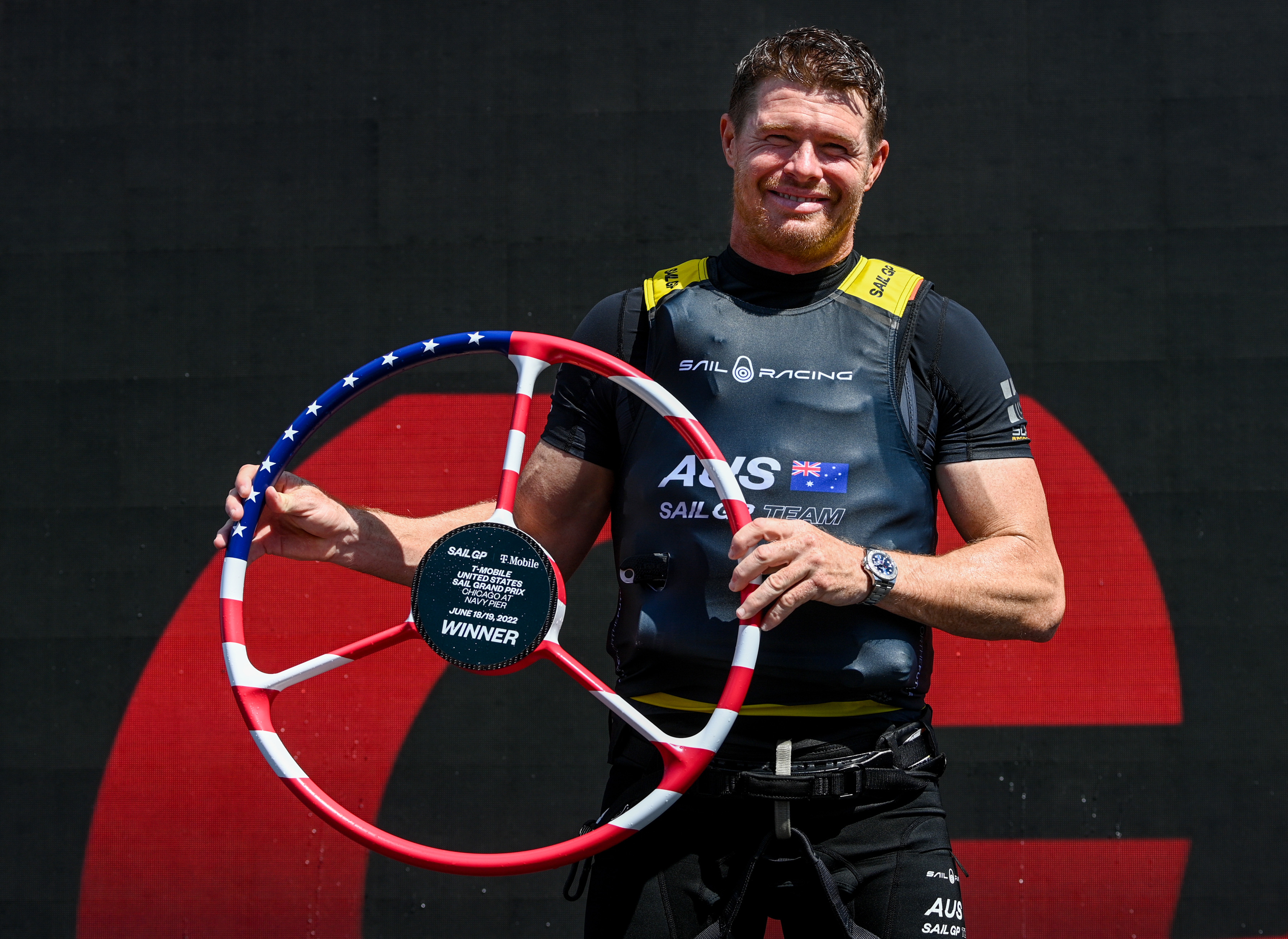 Australia SailGP team CEO and driver Tom Slingsby celebrates winning the United States Sail Grand Prix. Photo / Photosport