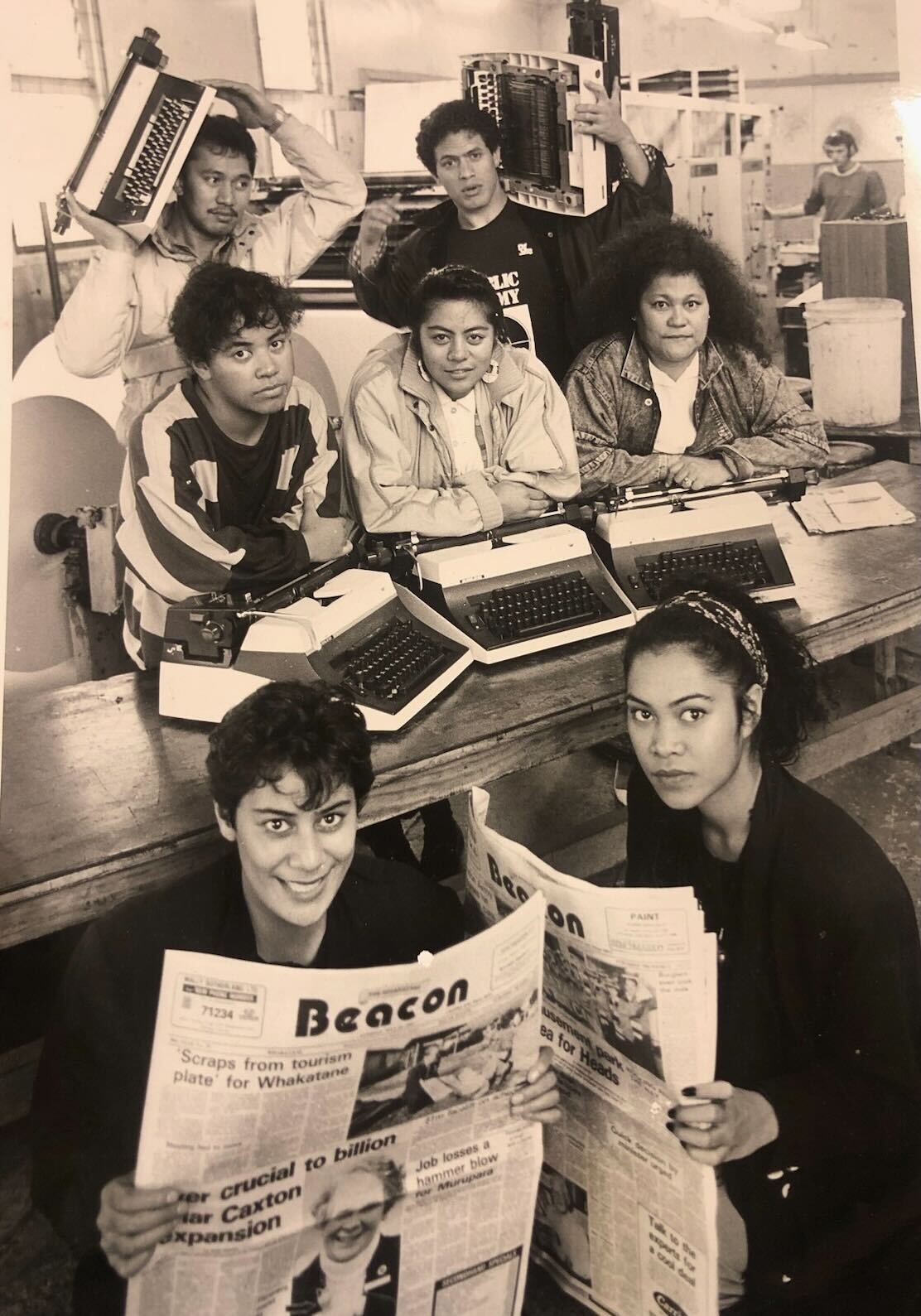 A young Niva Retimanu (front left) with some of her fellow Pacific journalism students on placement at the Whakatāne Beacon newspaper in 1989. Photo / Supplied