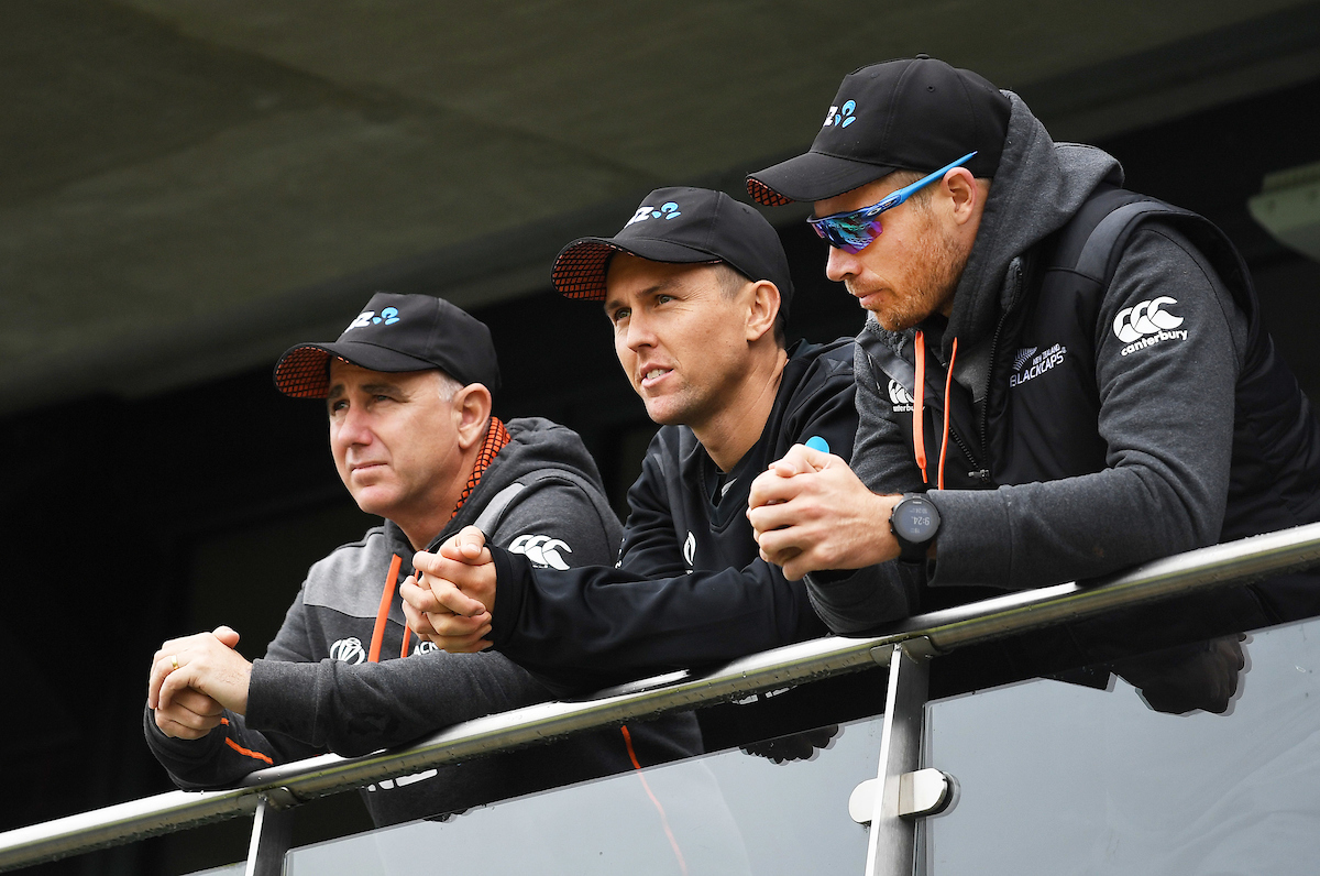Black Caps coach Gary Stead with fast bowlers Trent Boult and Tim Southee. Photo / Photosport