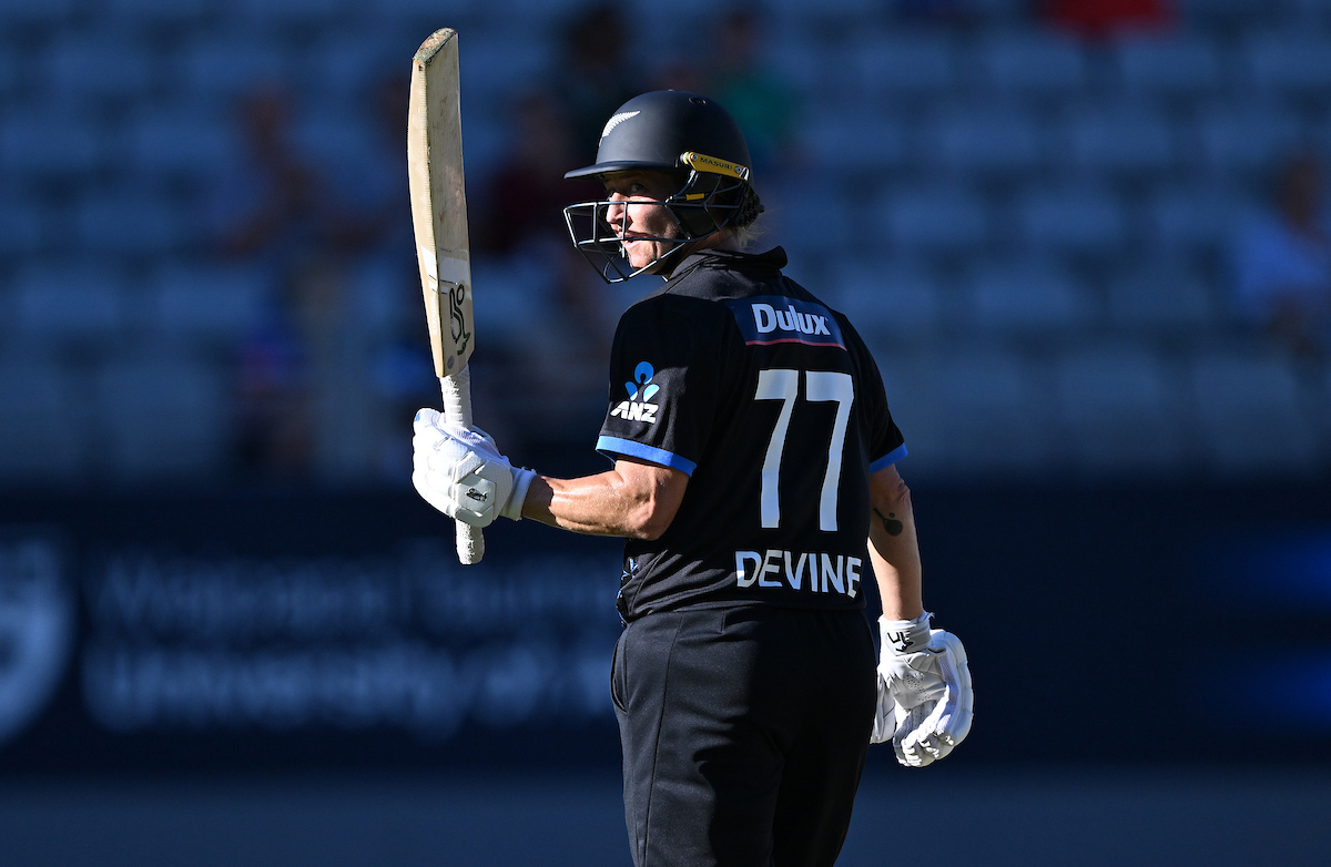 Sophie Devine celebrates her half-century against South Africa at Eden Park. Photo / Photosport