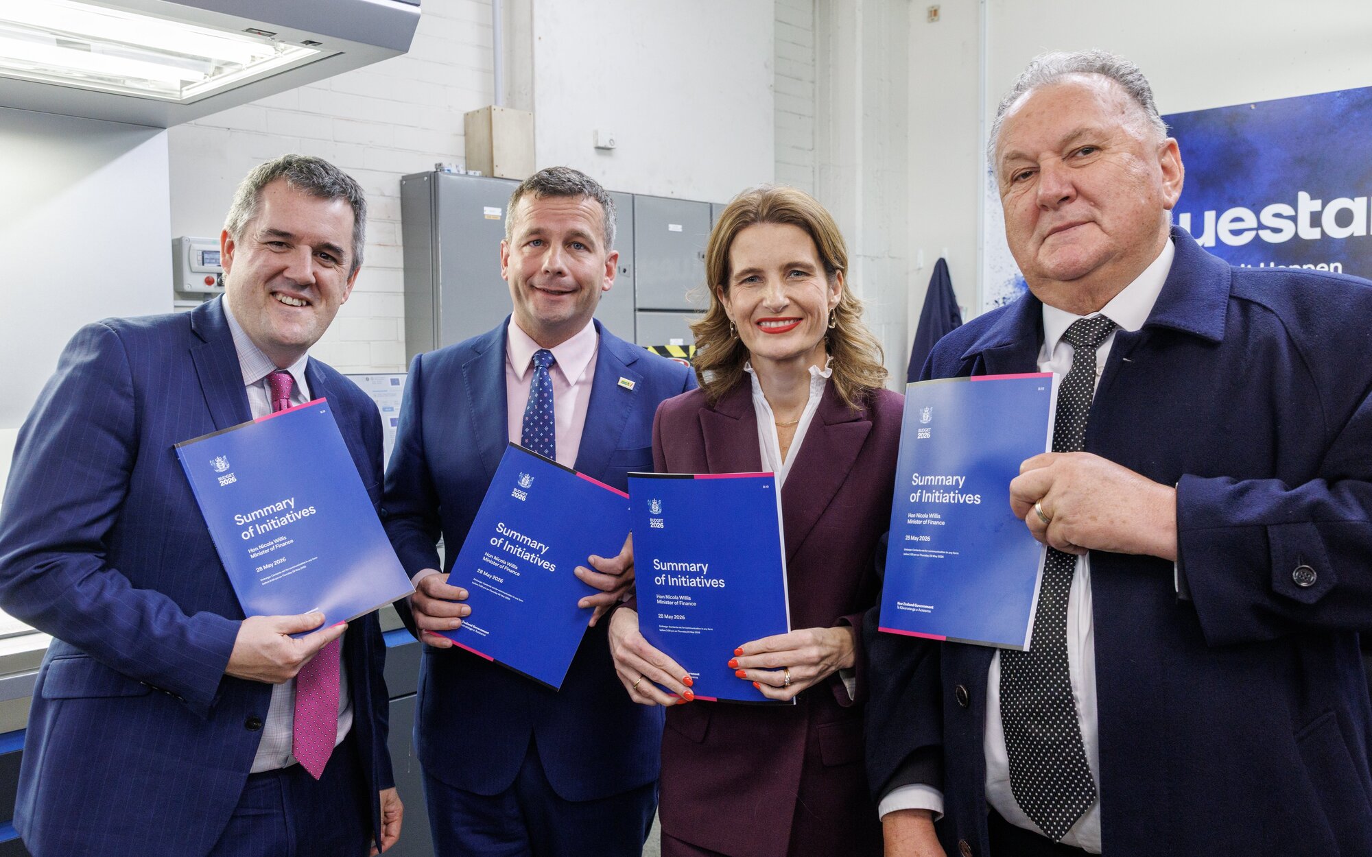 Nicola Willis (third from left) at the printing of the Budget on Tuesday. Photo / Mark Mitchell