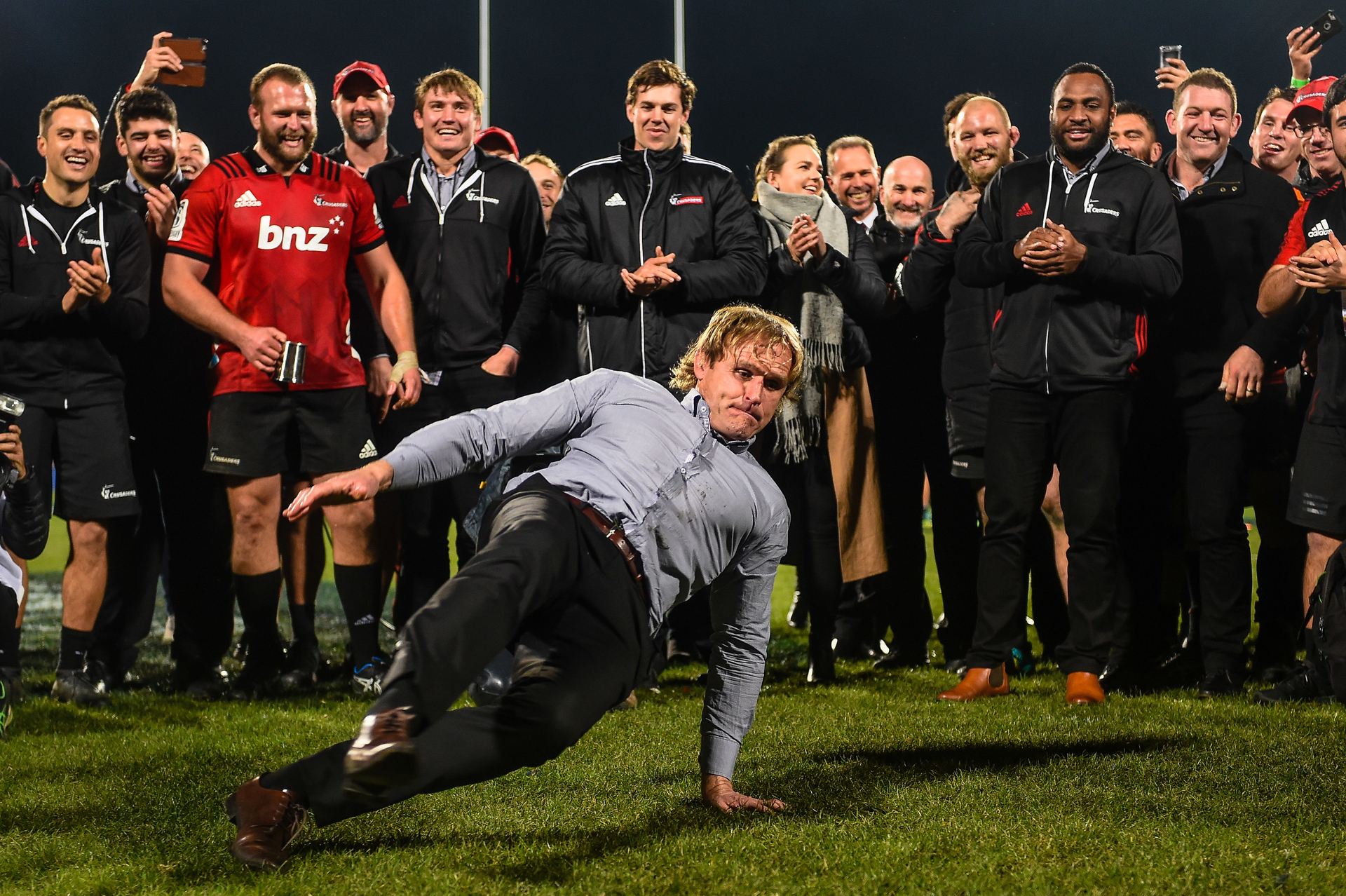 Scott Robertson break dances after winning the Super Rugby final in 2018. Photo / Photosport