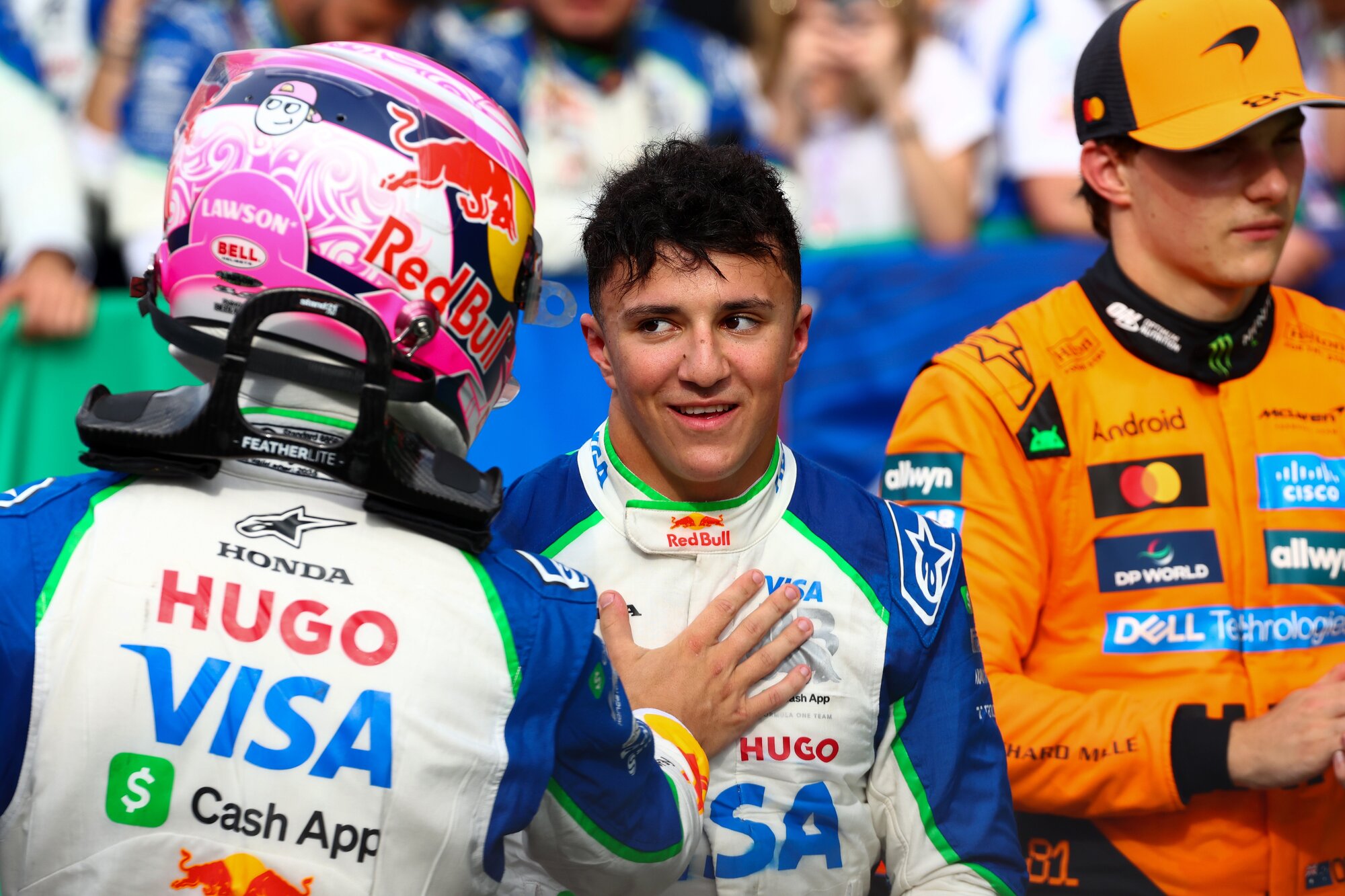 Liam Lawson congratulates Isack Hadjar at Zandvoort. Photo / Red Bull
