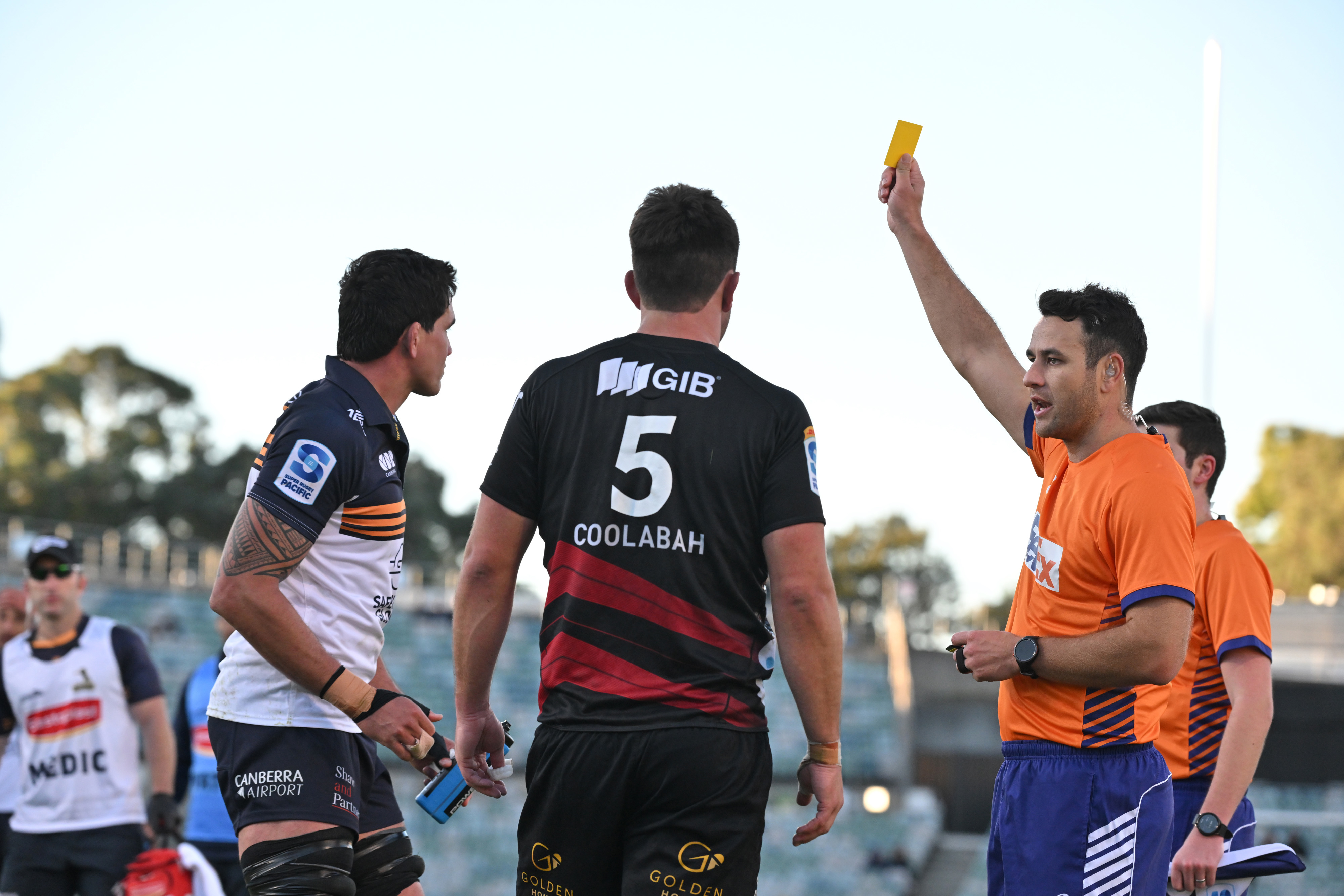 Crusaders lock Quinten Strange was shown a yellow card for deliberately knocking the ball dead. The Brumbies were awarded a penalty try. Photo / Photosport
