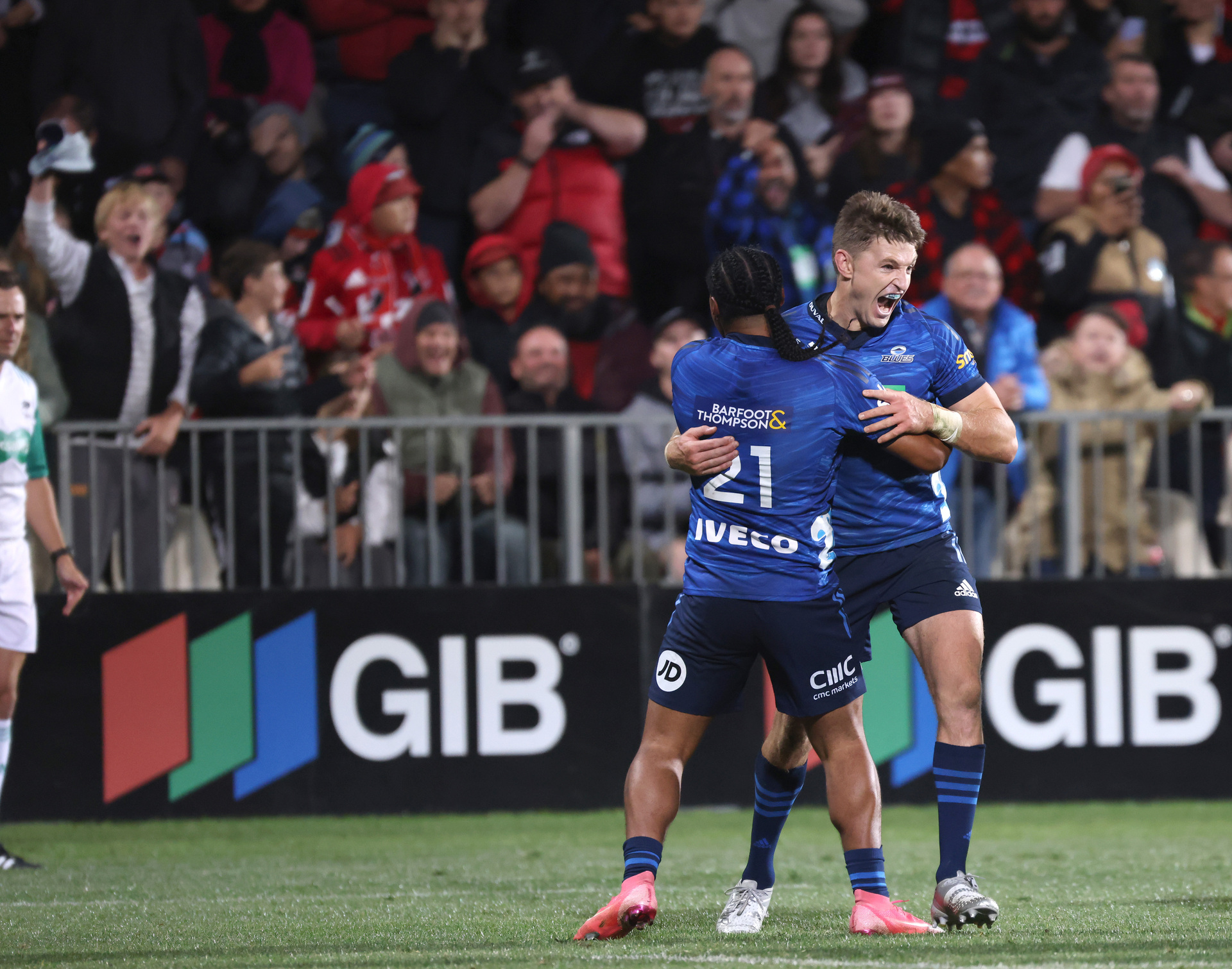 Beauden Barrett enjoys a rare Blues victory in Christchurch. Photo / Getty