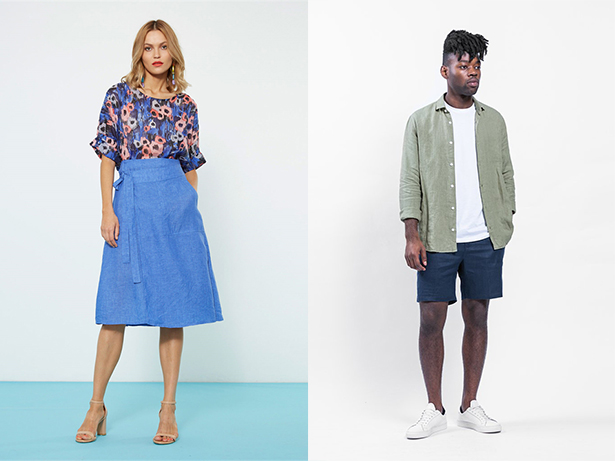 Left: Mid length skirts are a great addition to a professional summer working wardrobe. Sills skirt, $87. Right: Crisp sneakers are a good footwear alternative — try with linen shorts, if you're game. Asuwere linen shirt, $200, T-shirt, $80, and shorts $180. Photos / Supplied