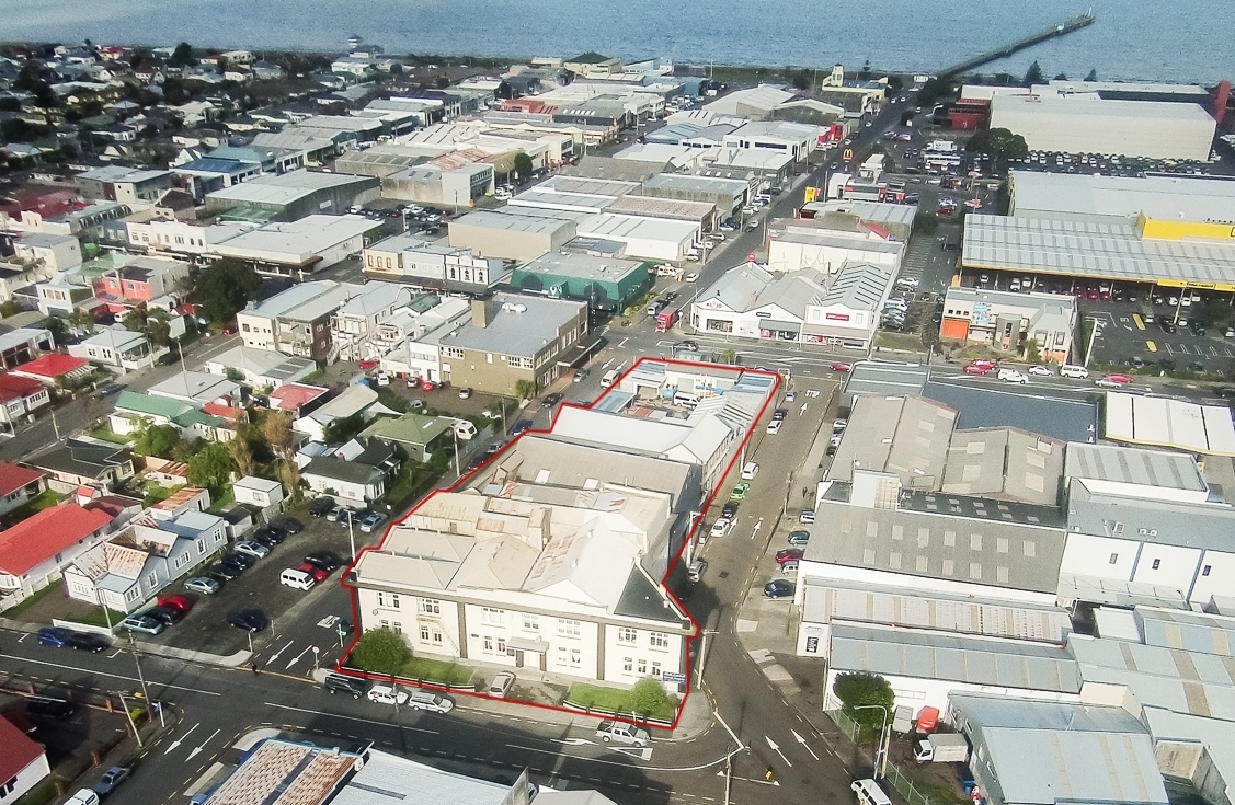 Aerial view of the town block for sale in Petone - identified by a red border.