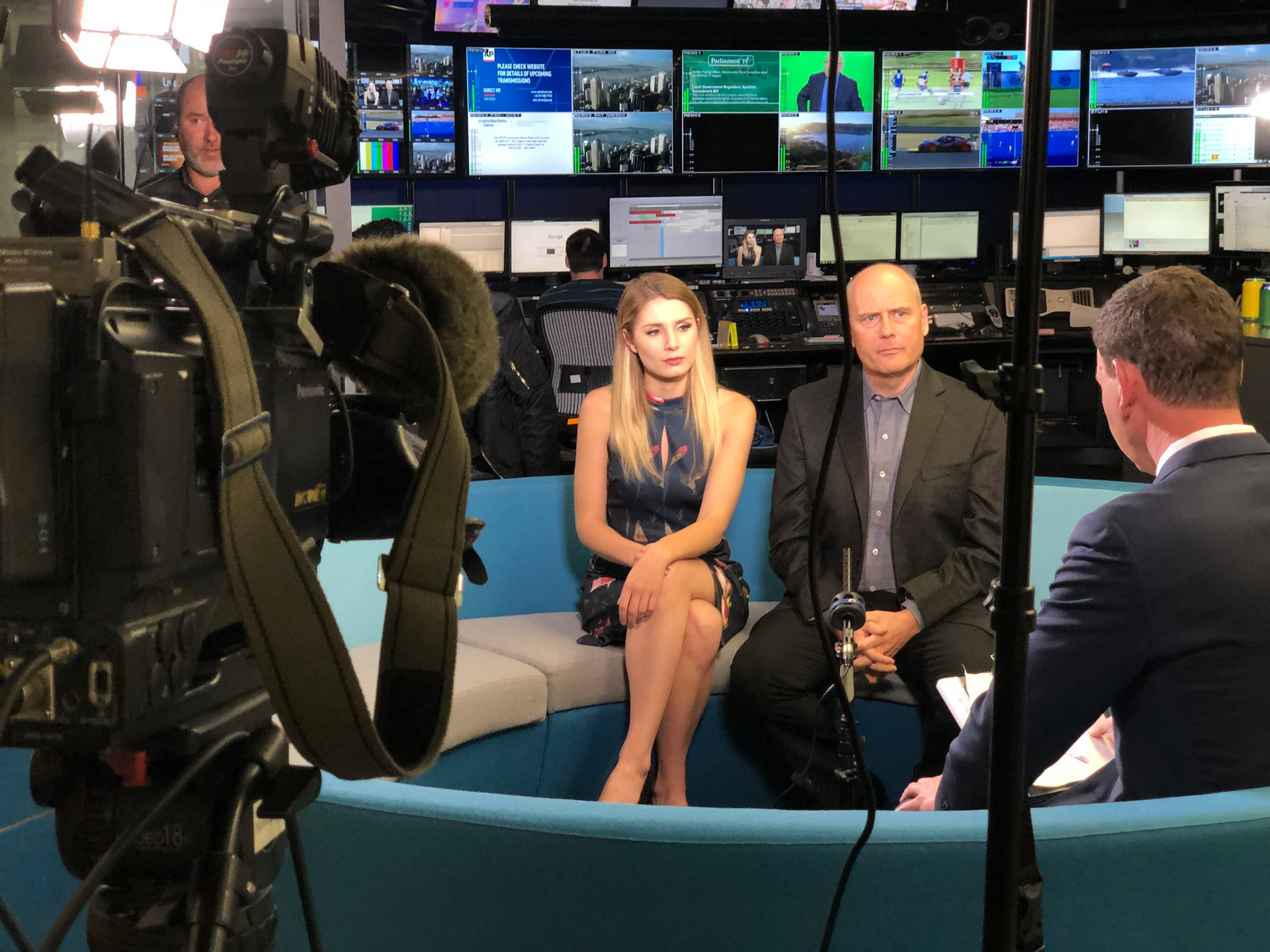 Far-right Canadian speakers Lauren Southern and Stefan Molyneux being interviewed by Paddy Gower in the Newshub Studios in 2018. Photo / Caolan Robertson