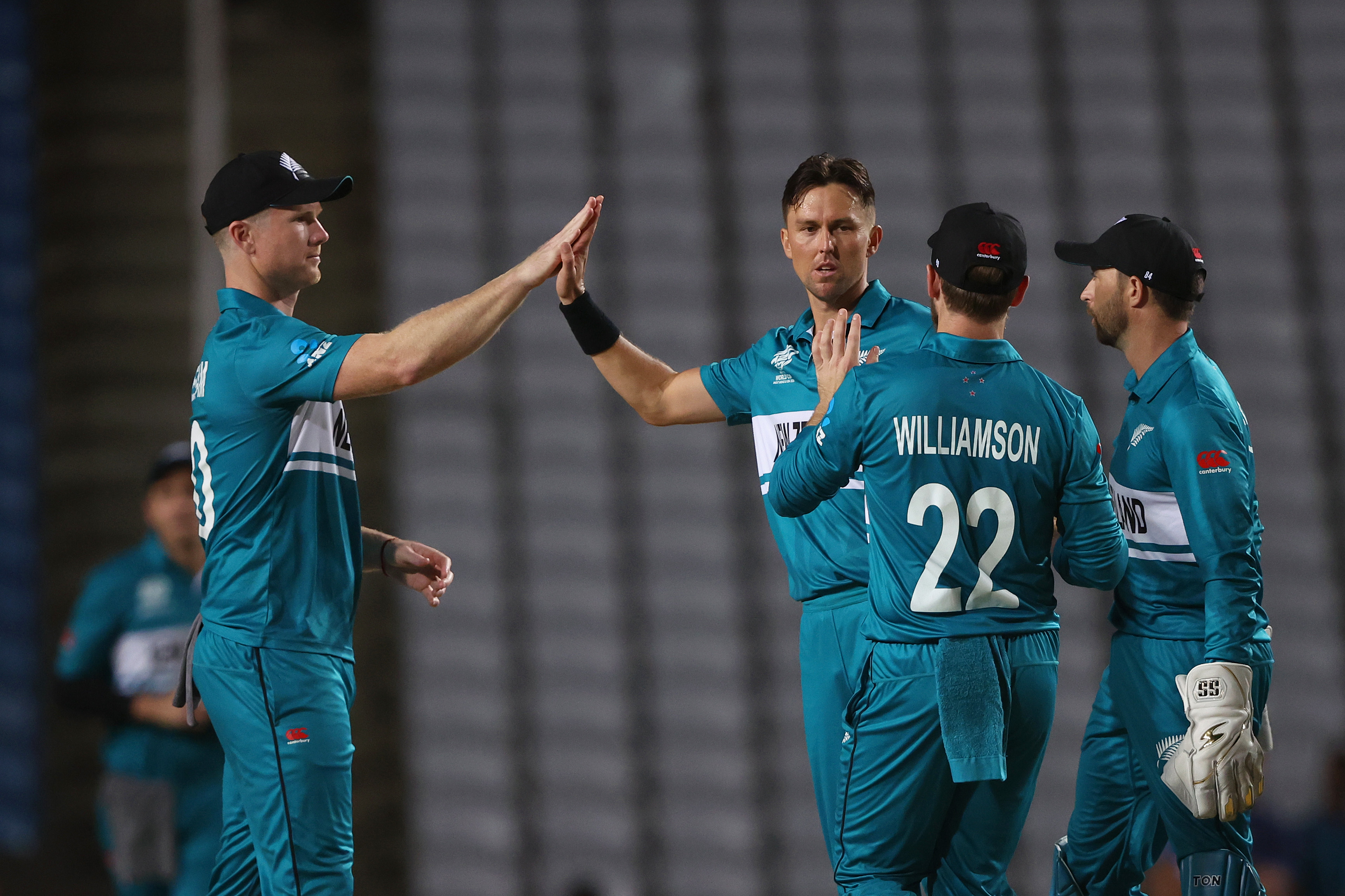 The Black Caps celebrate a Trent Boult wicket against Uganda. Photo / Getty Images