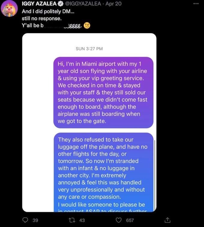 The rap star shared her curt communications with the airline's customer support. Photo / Screenshot