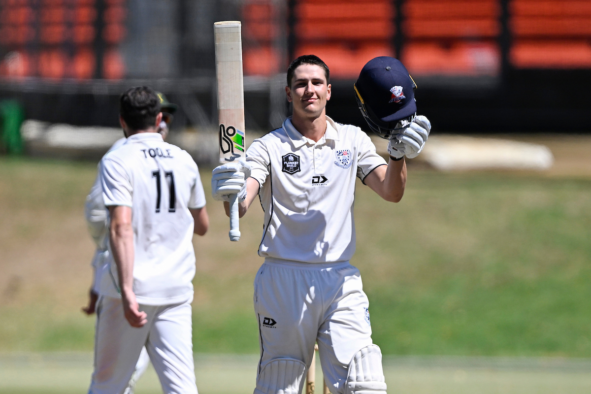 Bevon Jacobs celebrates a century for Auckland against Central Districts. Photo / Photosport