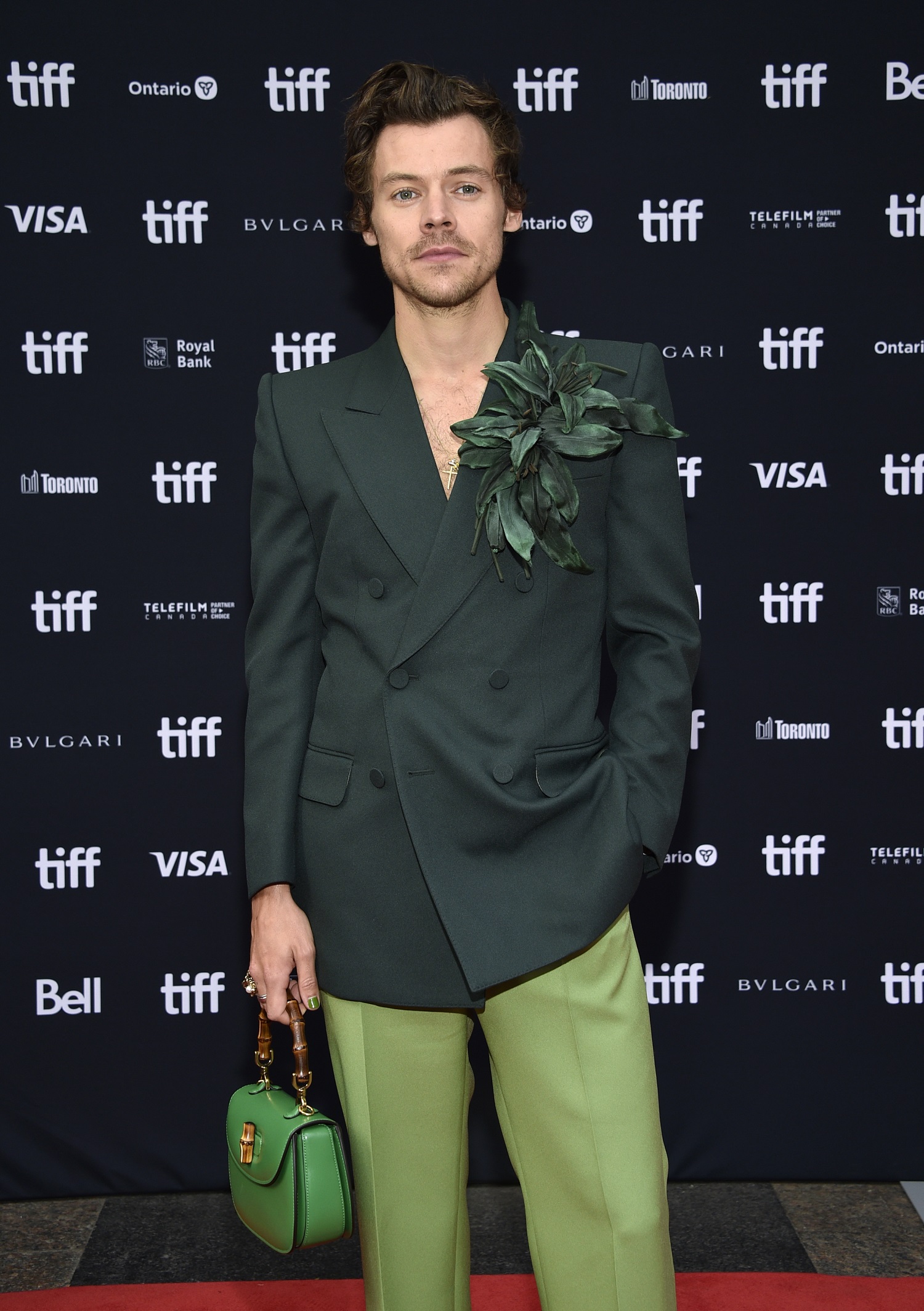 The green mile: Harry Styles attends the premiere of My Policeman during the Toronto International Film Festival. Photo / Getty Images