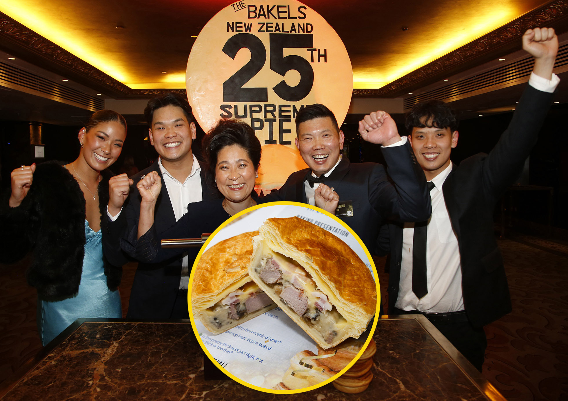 Jessica Lam, Darren Lam, Lay Phan Ho, Patrick Lam and Lawrence Lam from Patrick’s Pies Gold Star Bakery celebrate their supreme win at the 25th Bakels NZ Supreme Pie Awards on Tuesday night. Photos / Supplied
