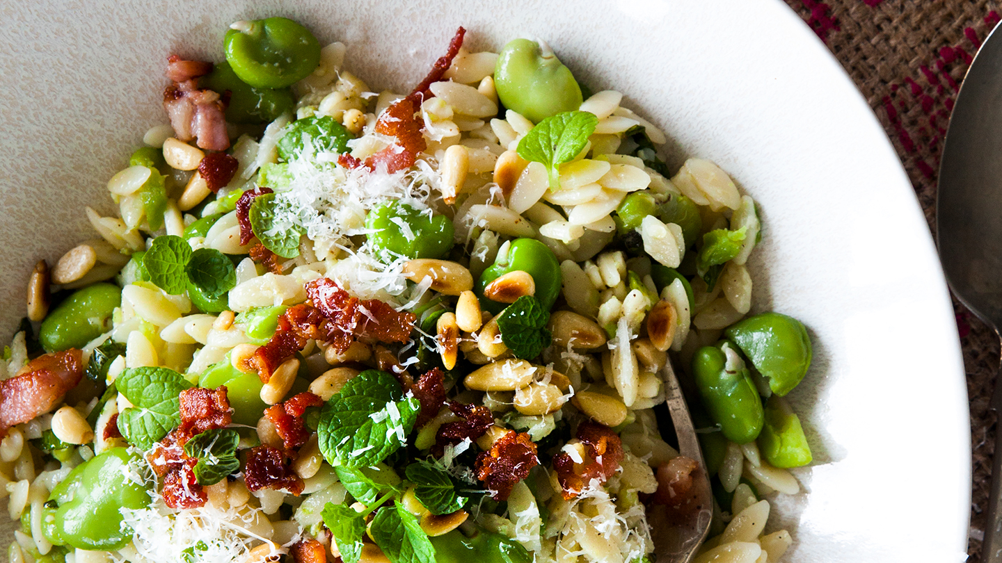 Broad bean and mint risoni with crispy bacon and pinenuts - NZ Herald