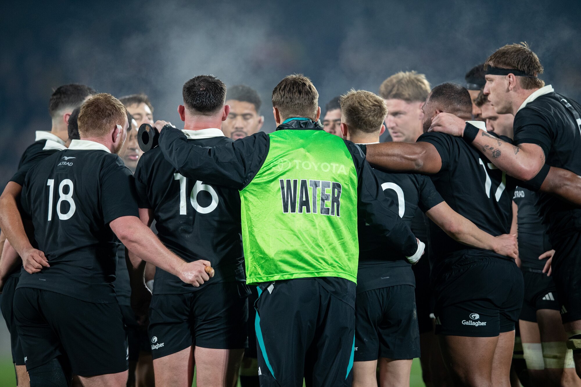 The All Blacks huddle during their test against France in Hamilton. Photo / Alyse Wright