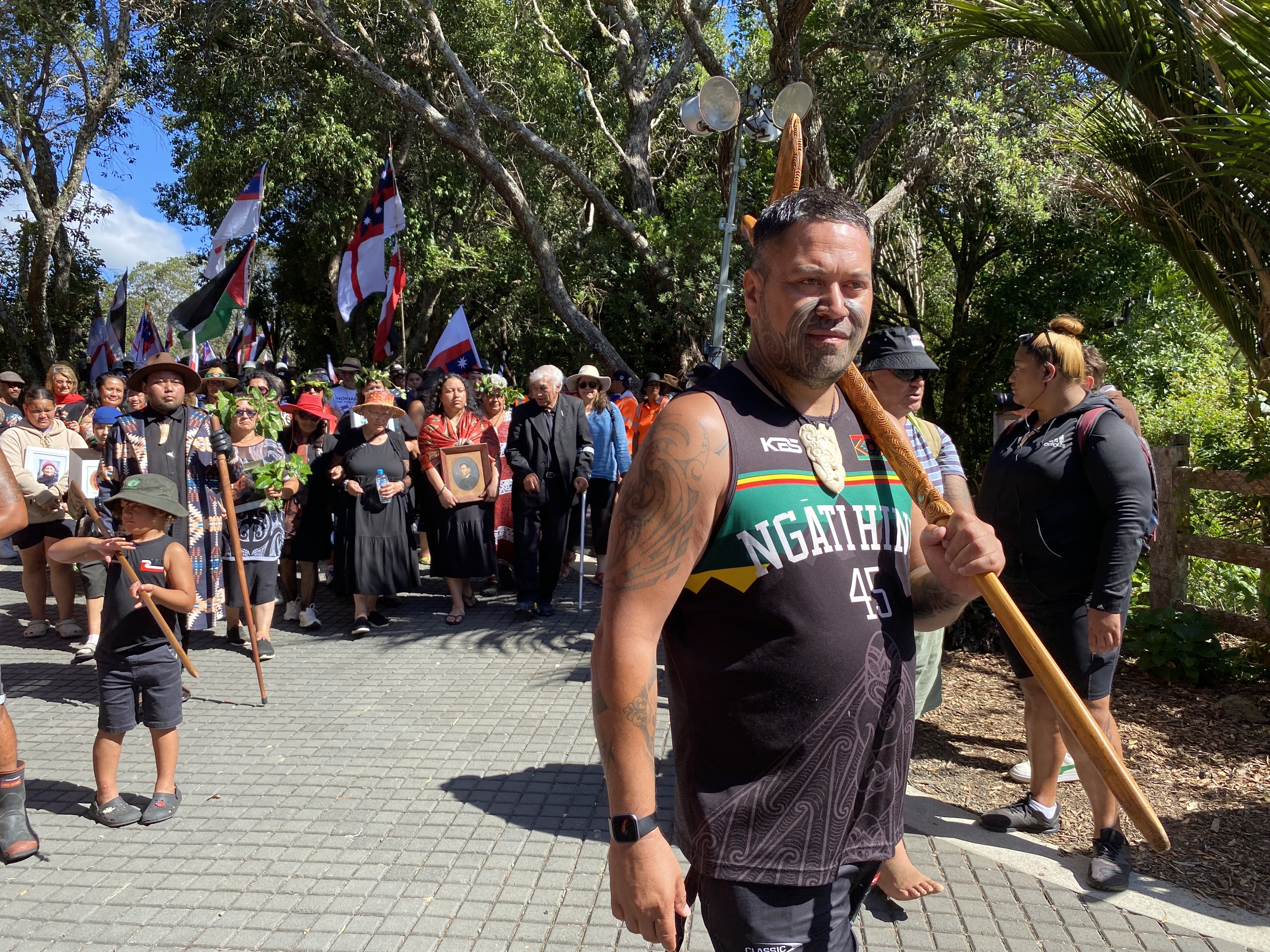 Huru Tipene, from Northland’s Motatau, helped lead the hīkoi. Photo / Denise Piper