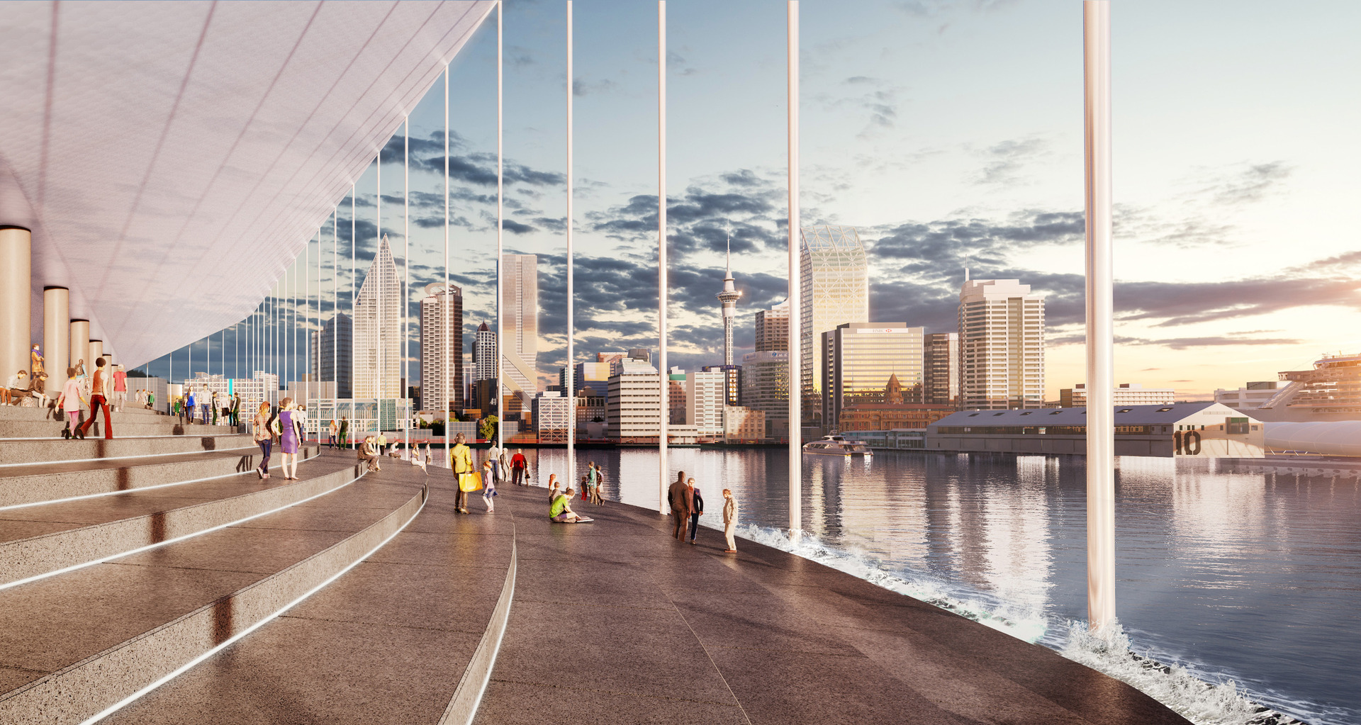 Artist's impression of The Crater, sunken stadium proposed for Bledisloe Wharf. Image / Supplied