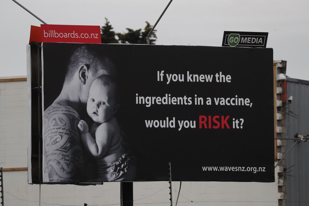 The billboard, which sported an anti-vaccination message, was located by Auckland's Southern Motorway near Middlemore Hospital. Photo / Brett Phibbs