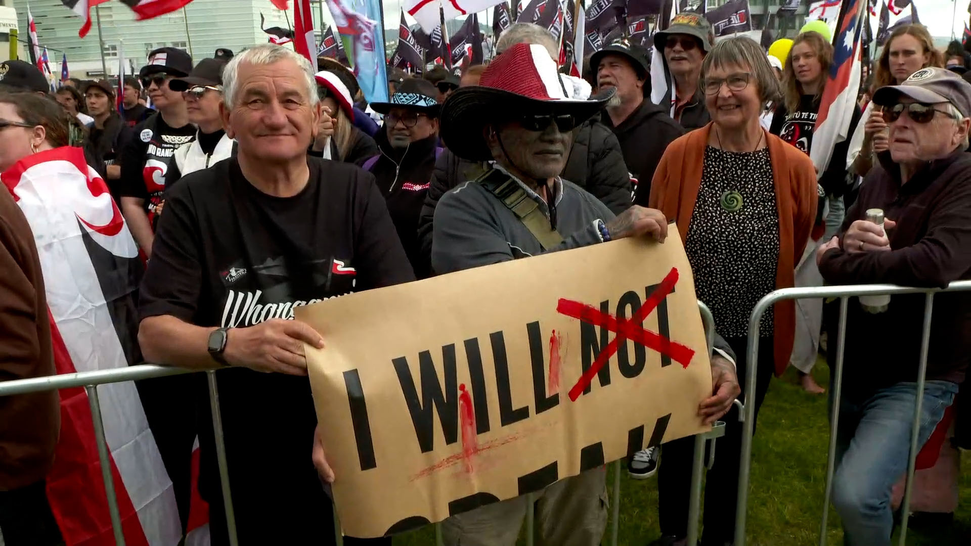 Māori activist and artist Tāme Iti wearing a tri-colour hat alongside veteran activist Ken Mair. Photo / Chris Murray