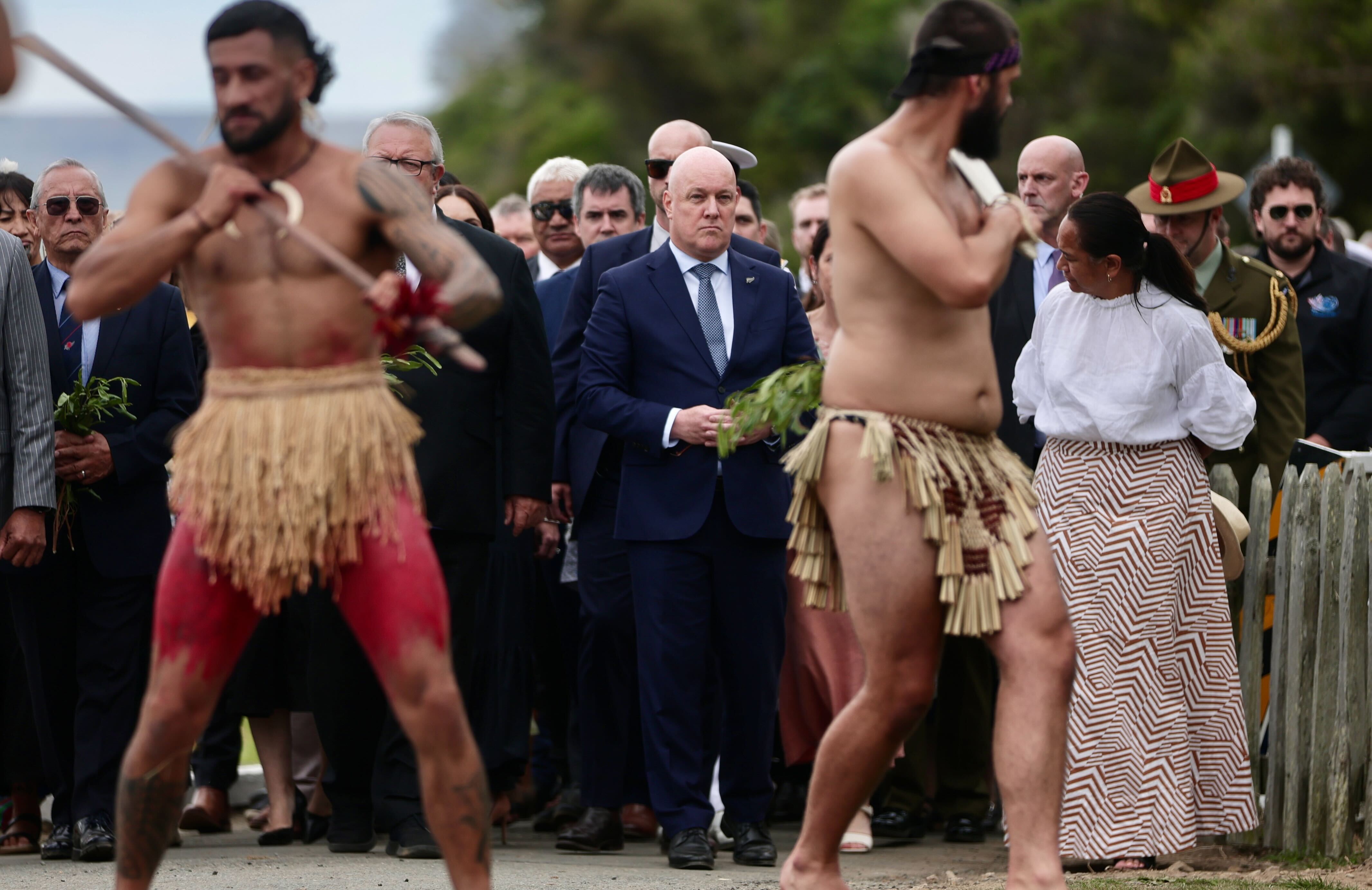 Prime Minister Christopher Luxon arrives at Ōnuku Marae in Akaroa for Waitangi Day celebrations. Photo / George Heard